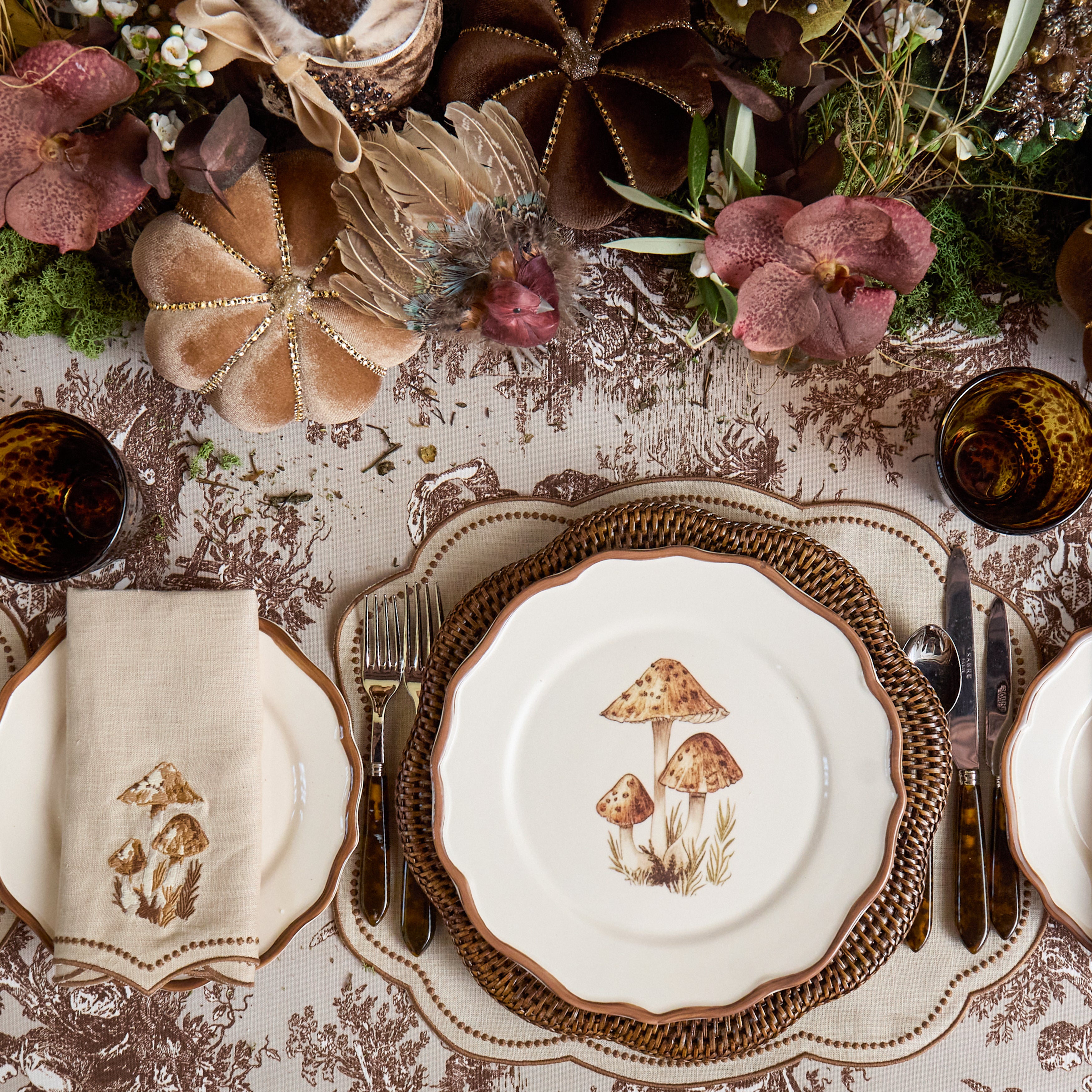 Taupe & Chocolate Eloise Placemats & Mushroom Embroidered Napkins (Set of 8)