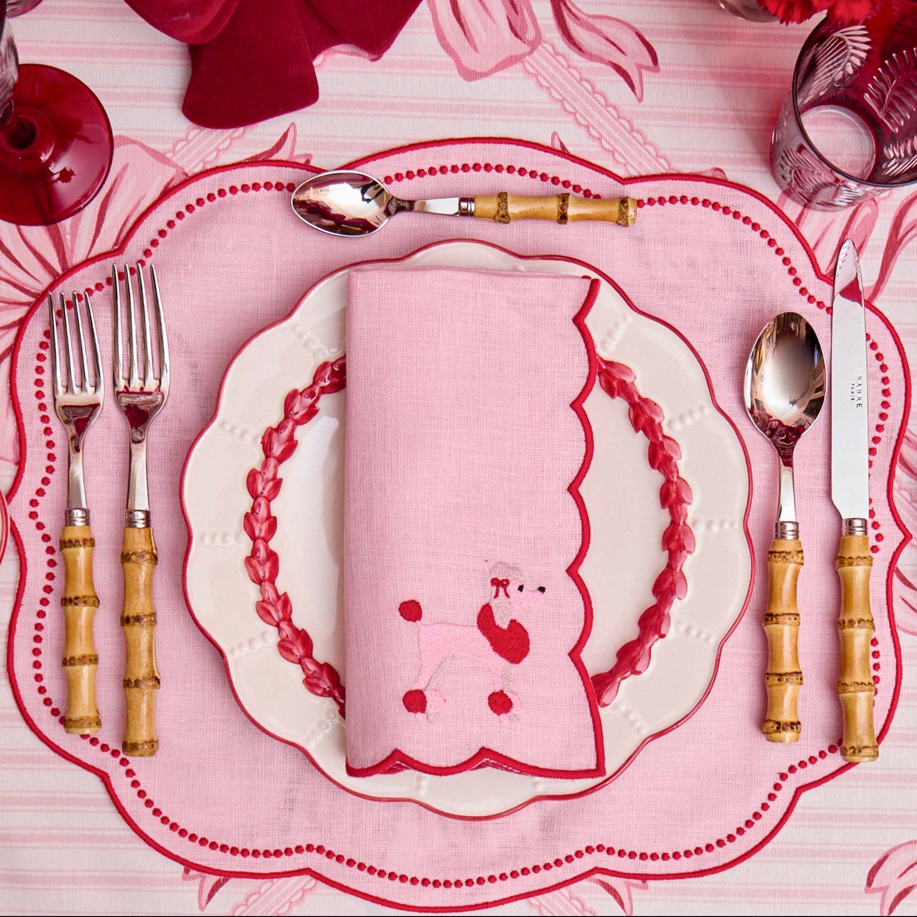 Pink & Red Eloise Linen Placemats & Fifi Poodle Napkins (Set of 4)