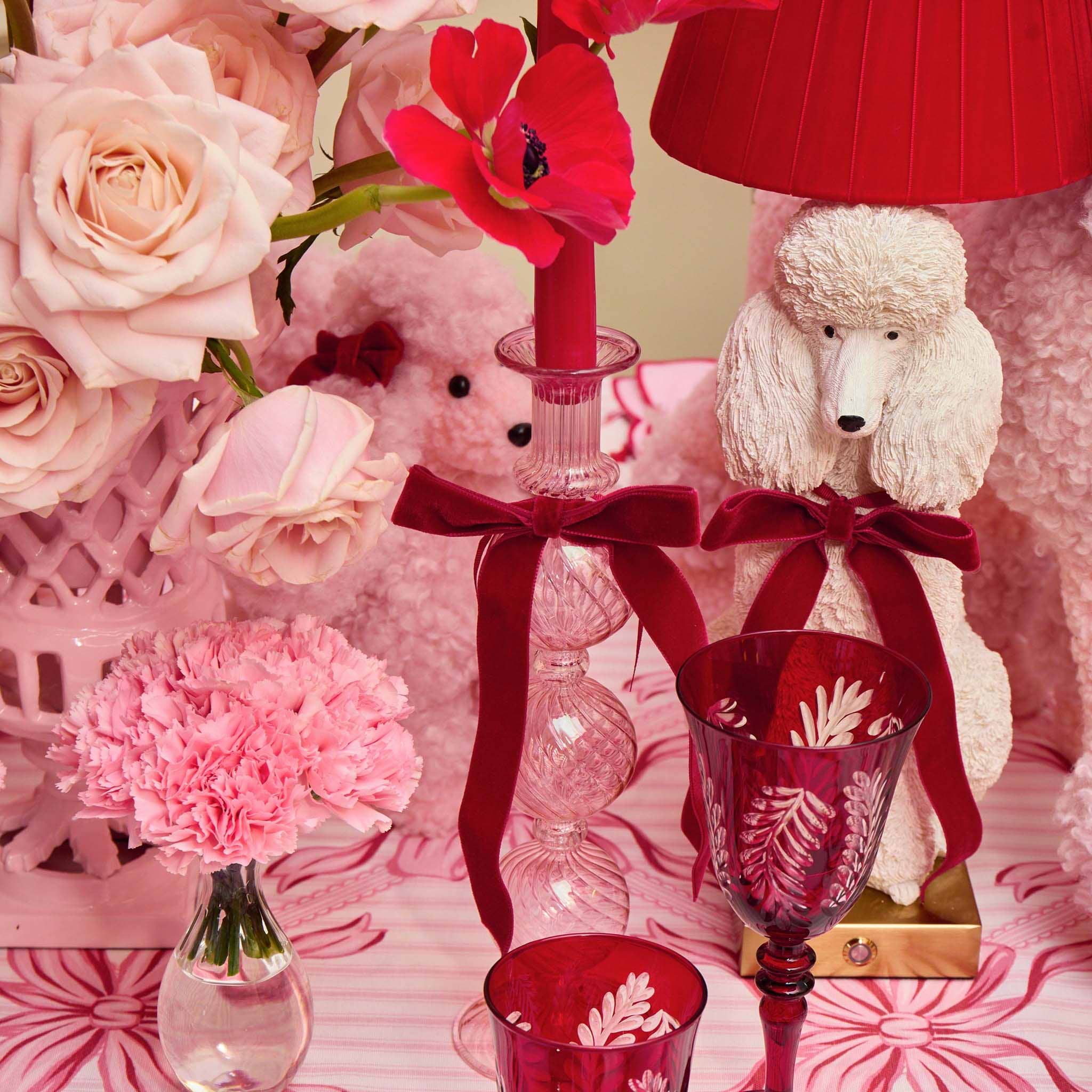 Red Ribboned Camille Peony Candle Holder Set