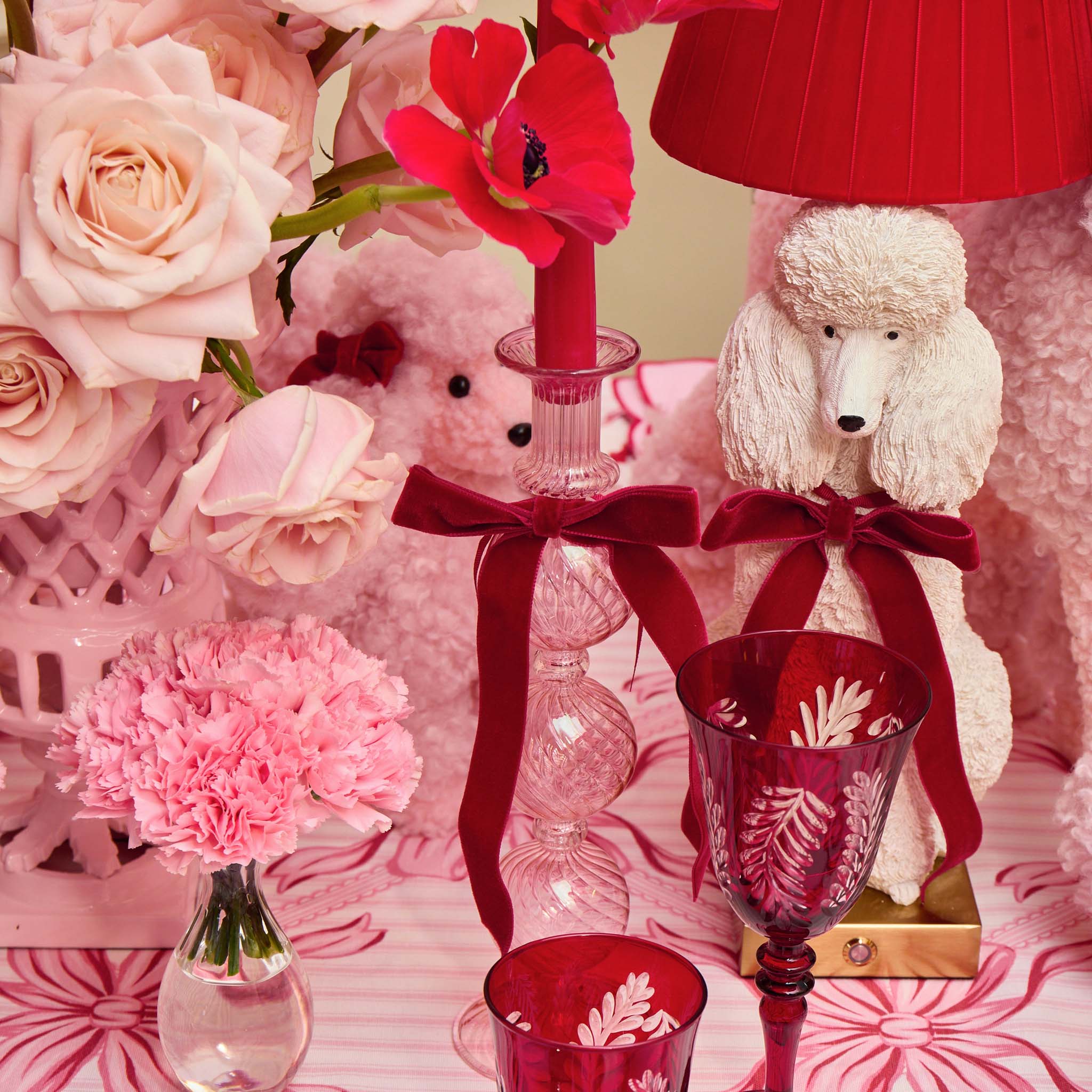 Red Ribboned Camille Peony Candle Holder Set