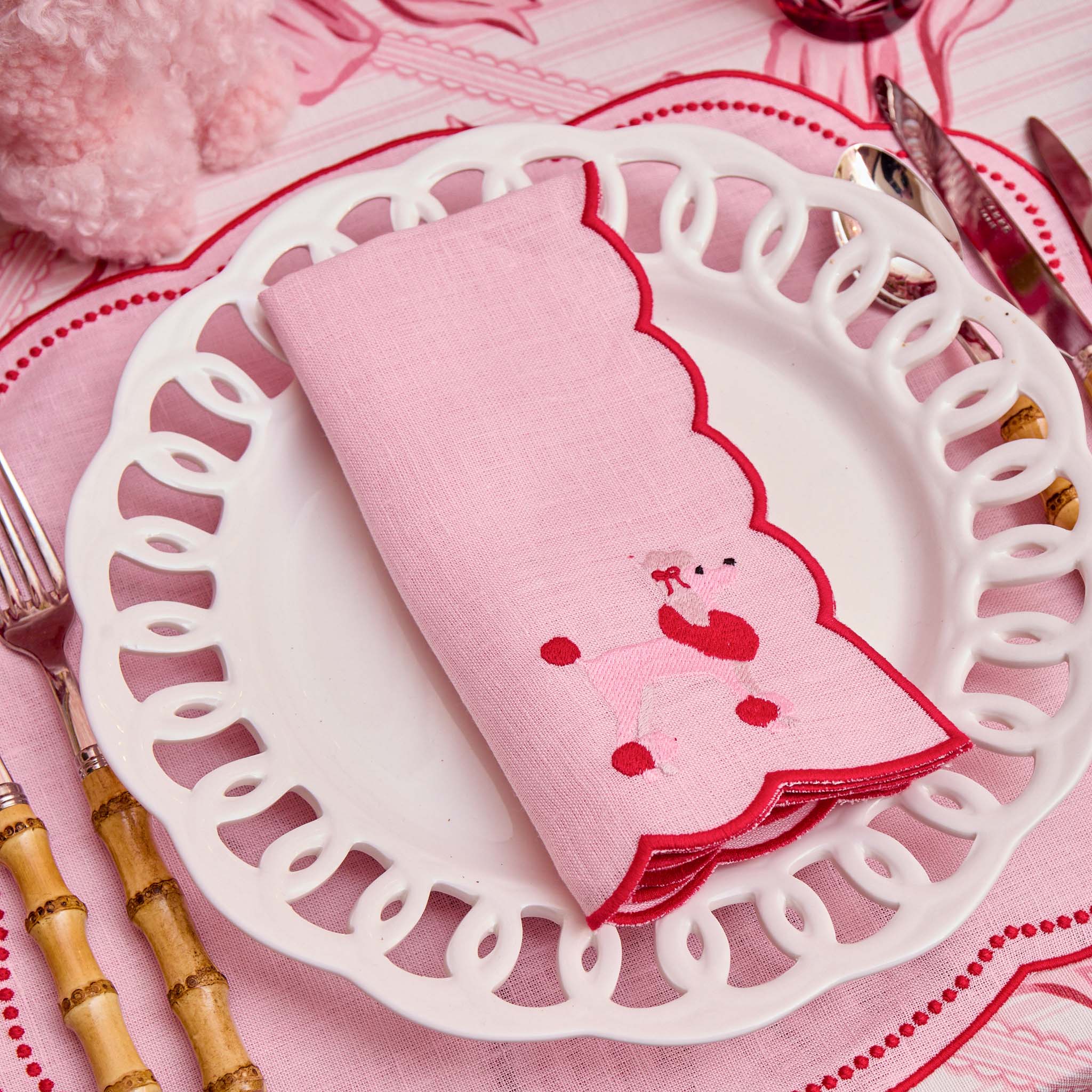 Pink & Red Eloise Linen Placemats & Fifi Poodle Napkins (Set of 4)