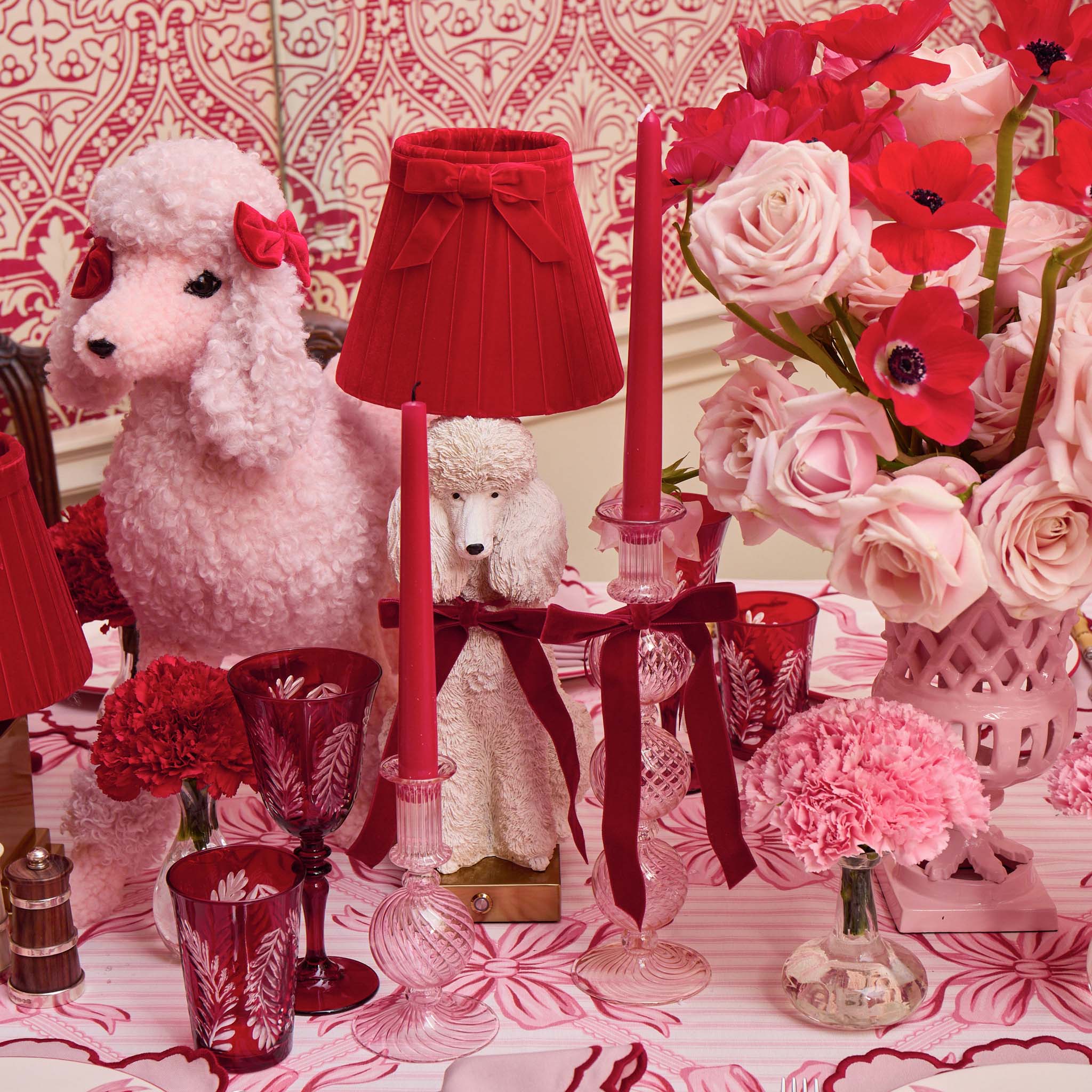 Red Ribboned Camille Peony Candle Holder Set