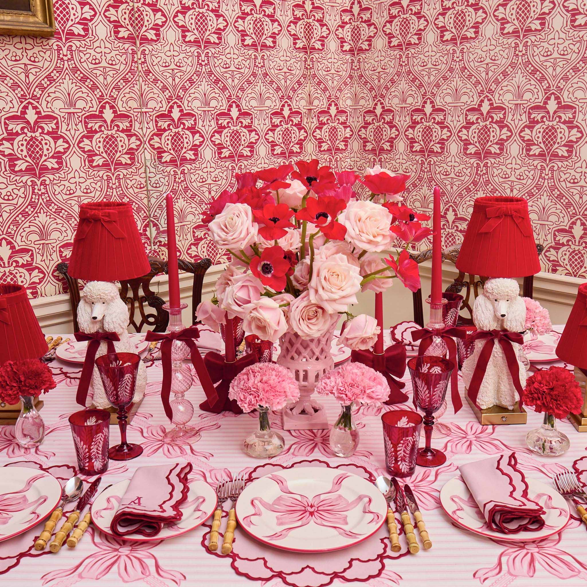 Red Ribboned Camille Peony Candle Holder Set
