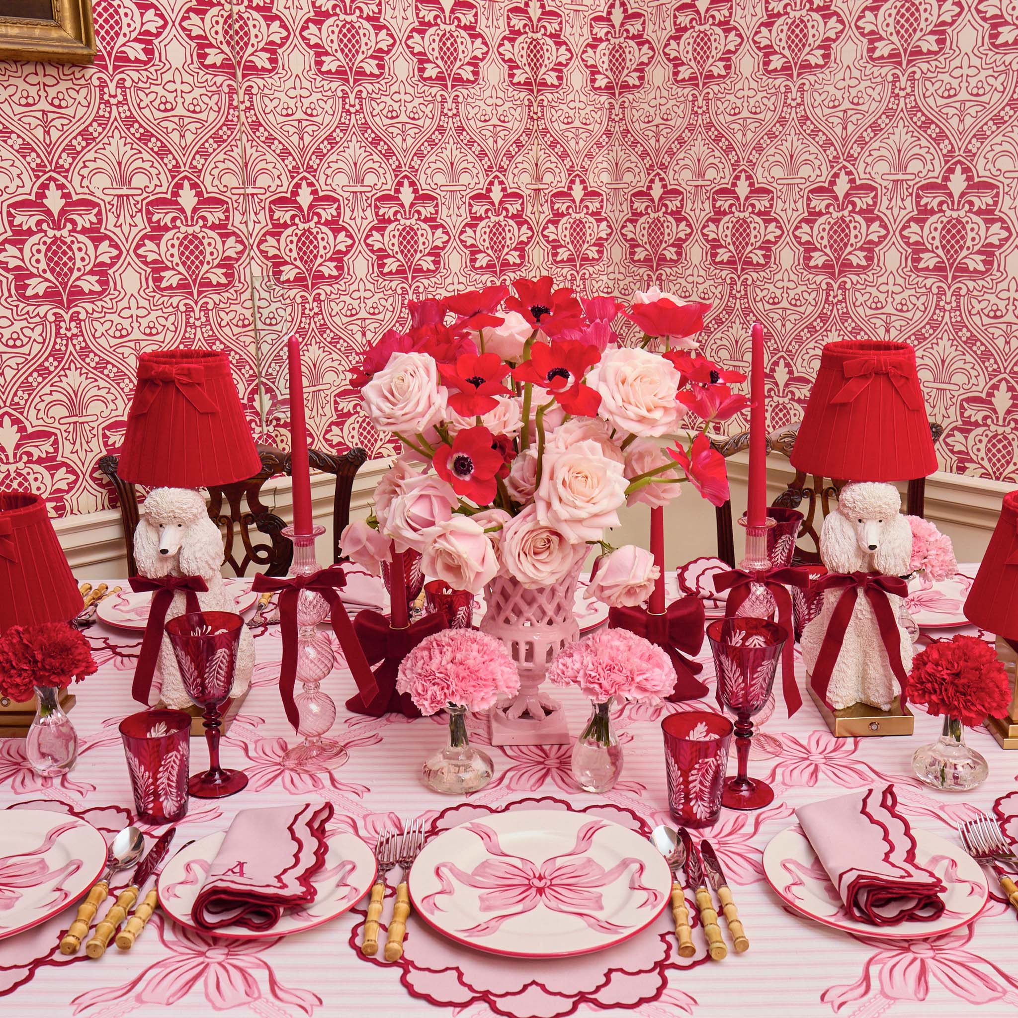 Red Ribboned Camille Peony Candle Holder Set