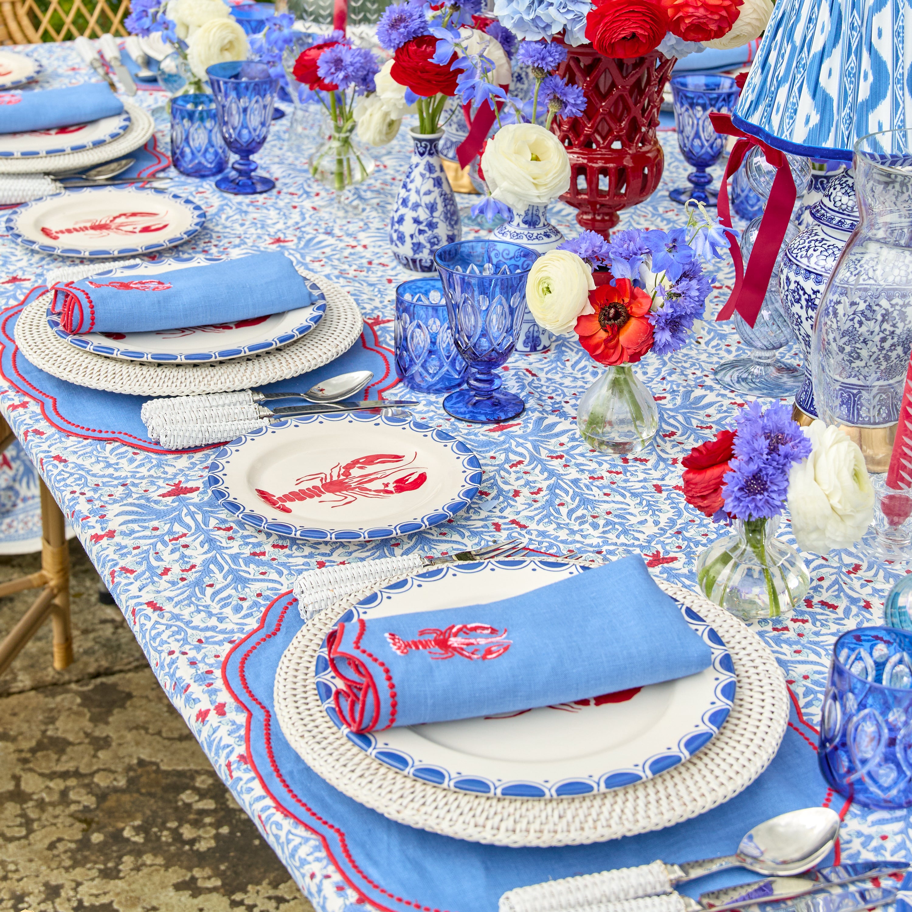 Blue & Red Eloise Linen Placemats & Lobster Napkins (Set of 4)
