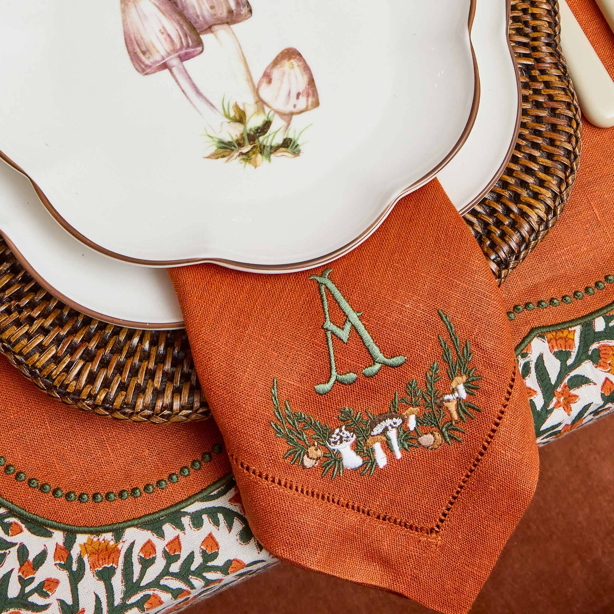 Eloise Orange & Green Linen Placemats & Mushroom Garland Napkins (Set of 4)
