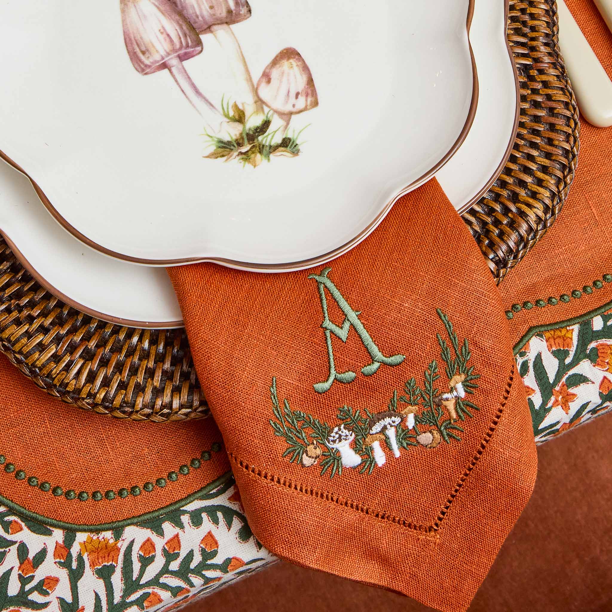 Eloise Orange & Green Linen Placemats & Mushroom Garland Napkins (Set of 4)