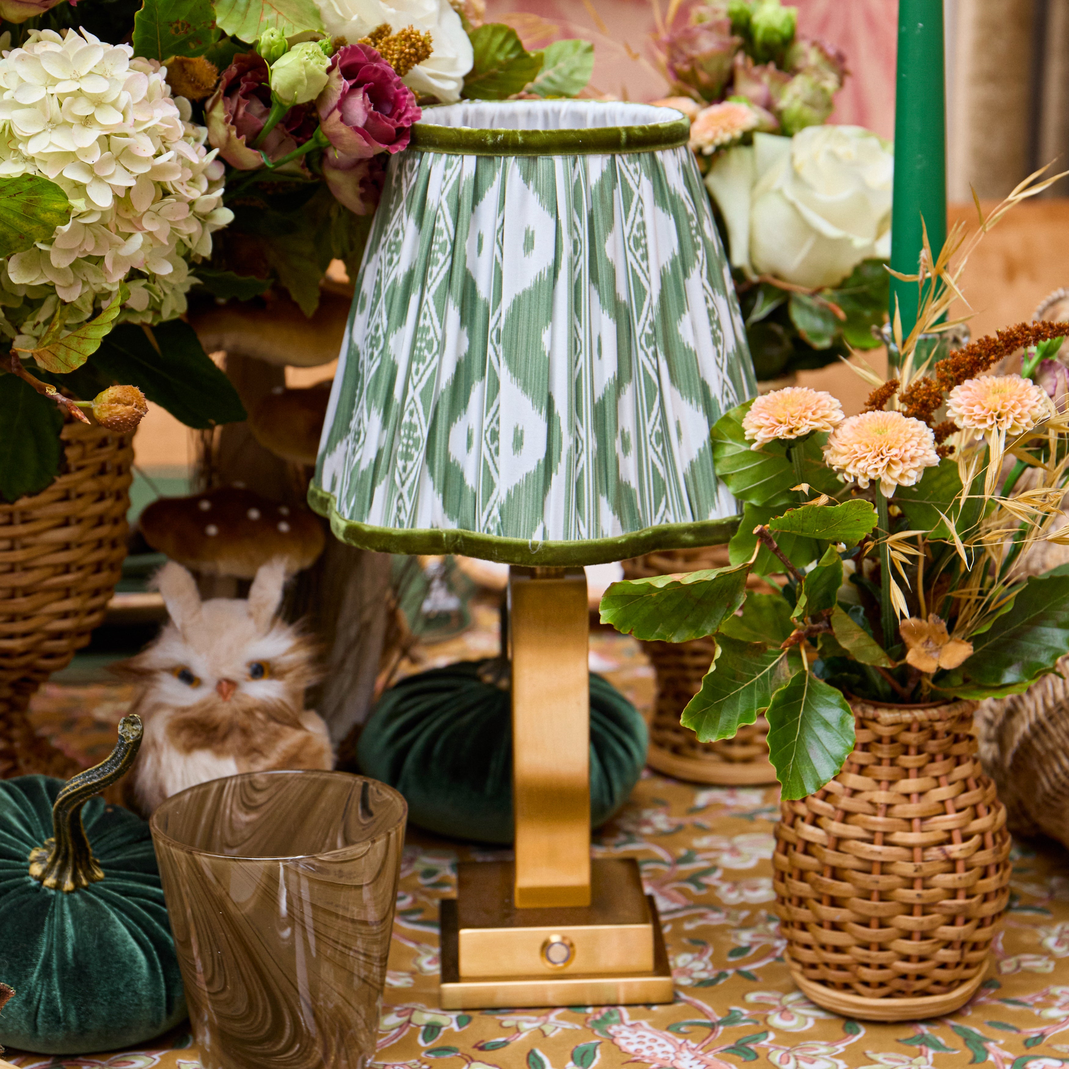 Ada Brass Rechargeable Lamp with Olive Ikat Shade (18cm)