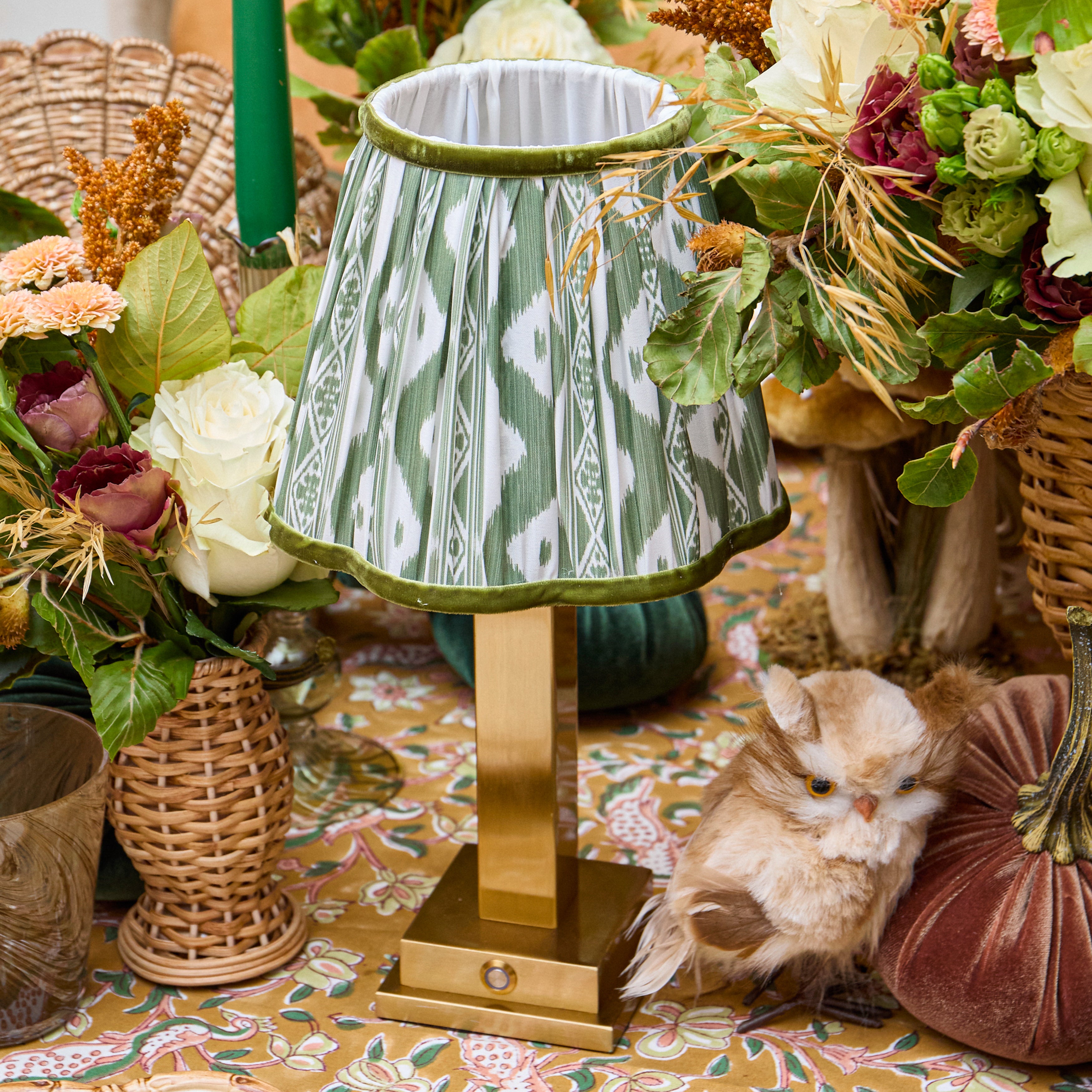 Ada Brass Rechargeable Lamp with Olive Ikat Shade (18cm)