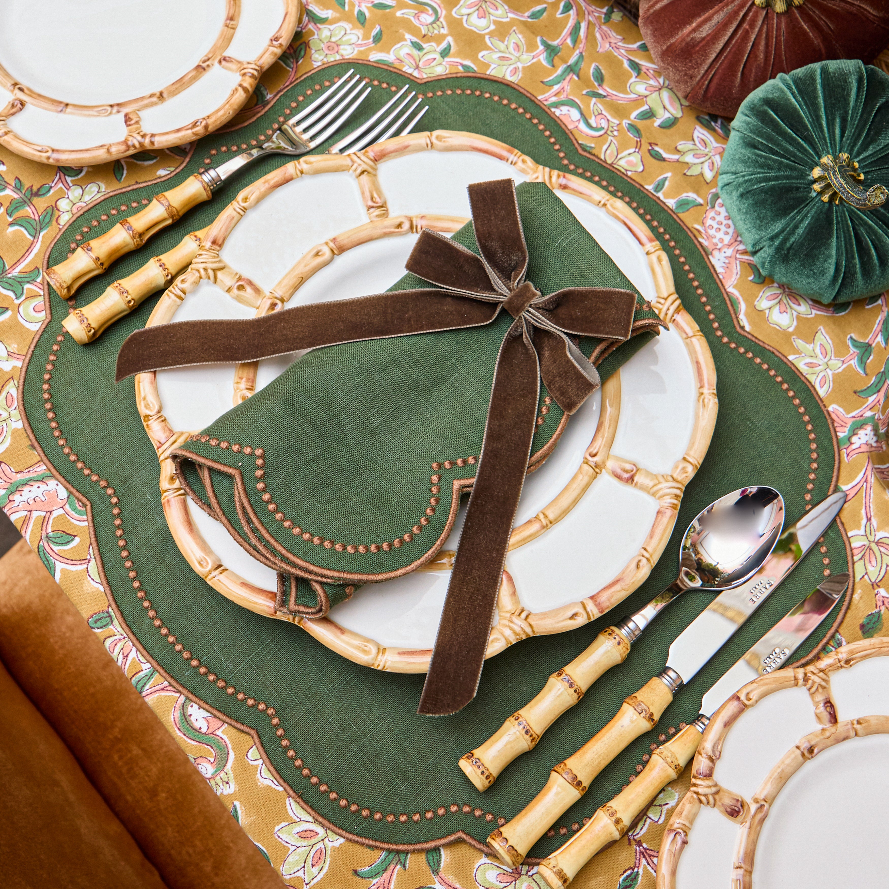 Forest Green & Chocolate Eloise Linen Napkins (Set of 4)