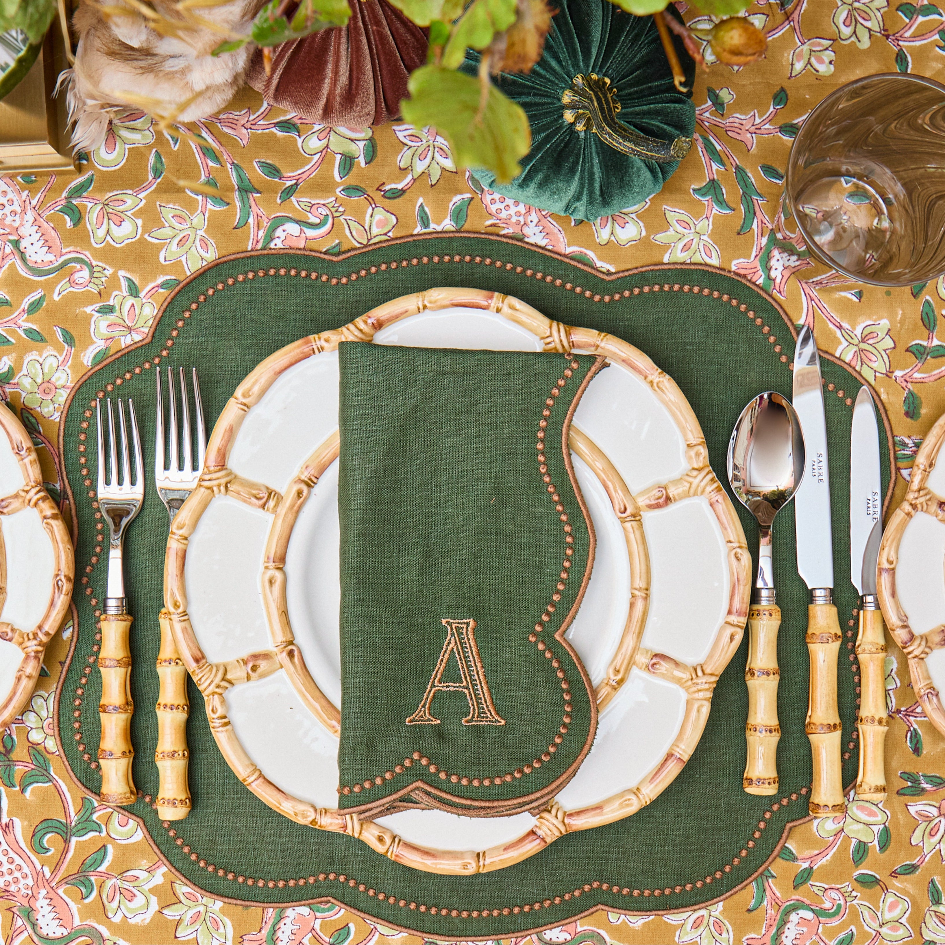 Forest Green & Chocolate Eloise Linen Placemats & Napkins (Set of 8)