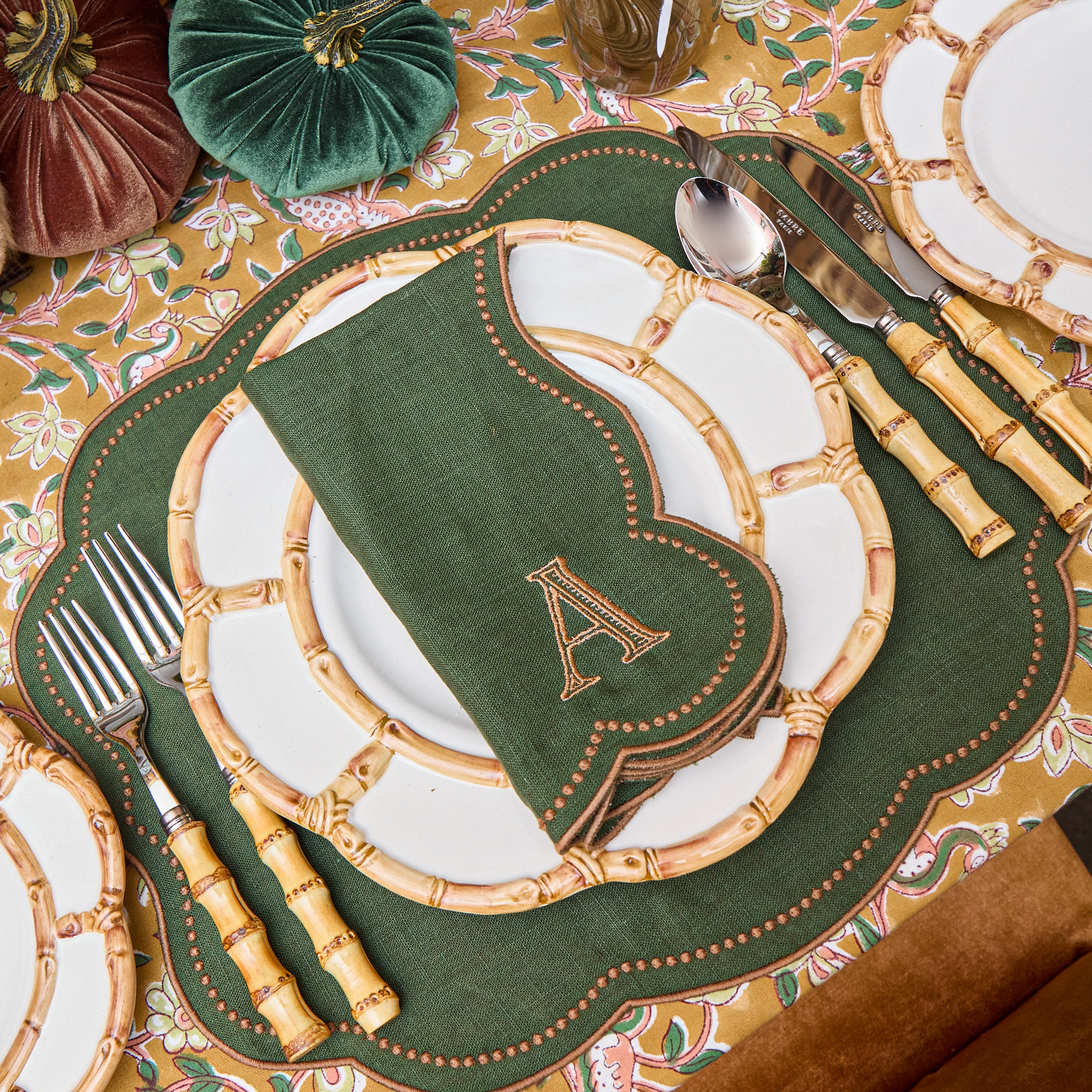 Forest Green & Chocolate Eloise Linen Napkins (Set of 4)