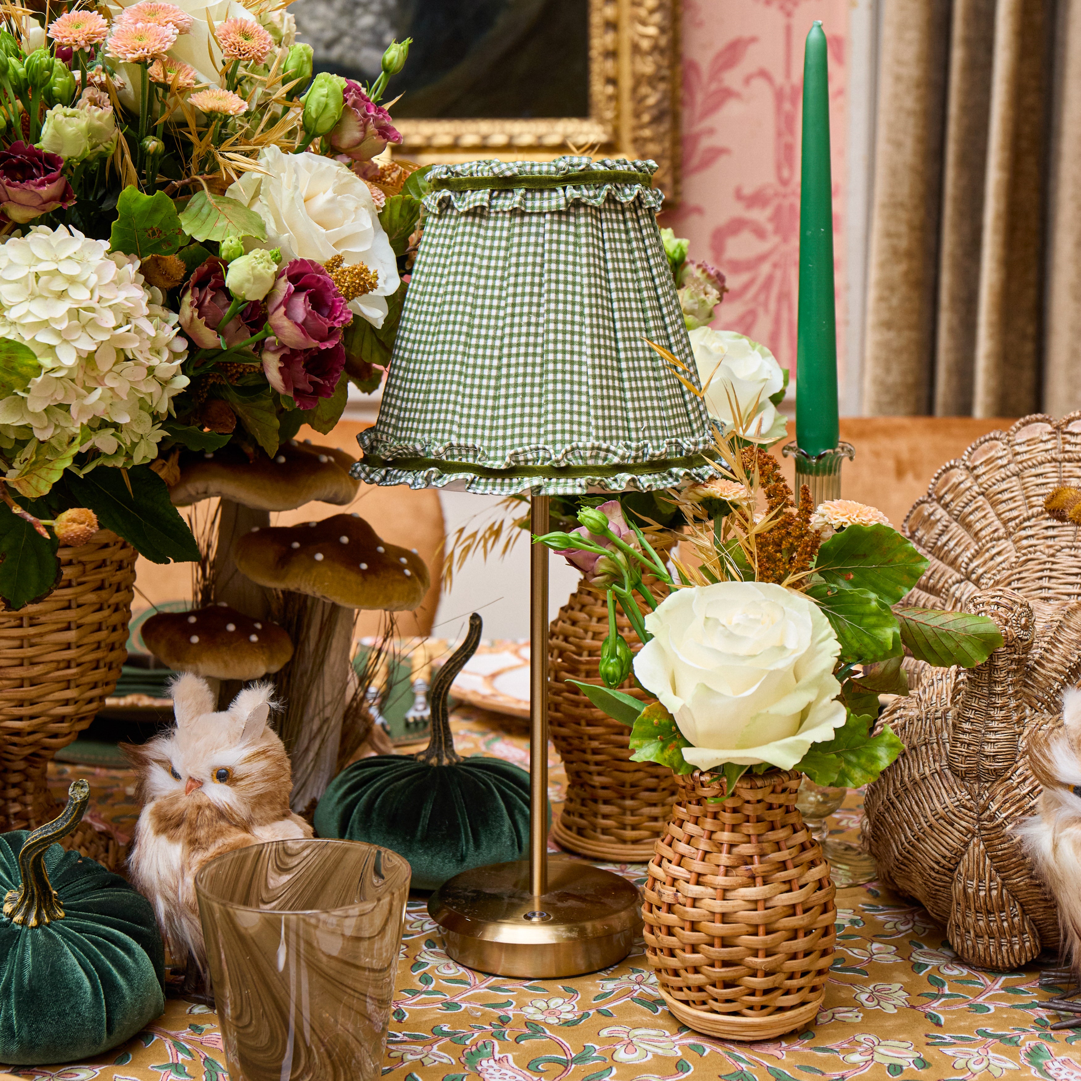 Green Gingham Frilled with Velvet Trim Lampshade (18cm)