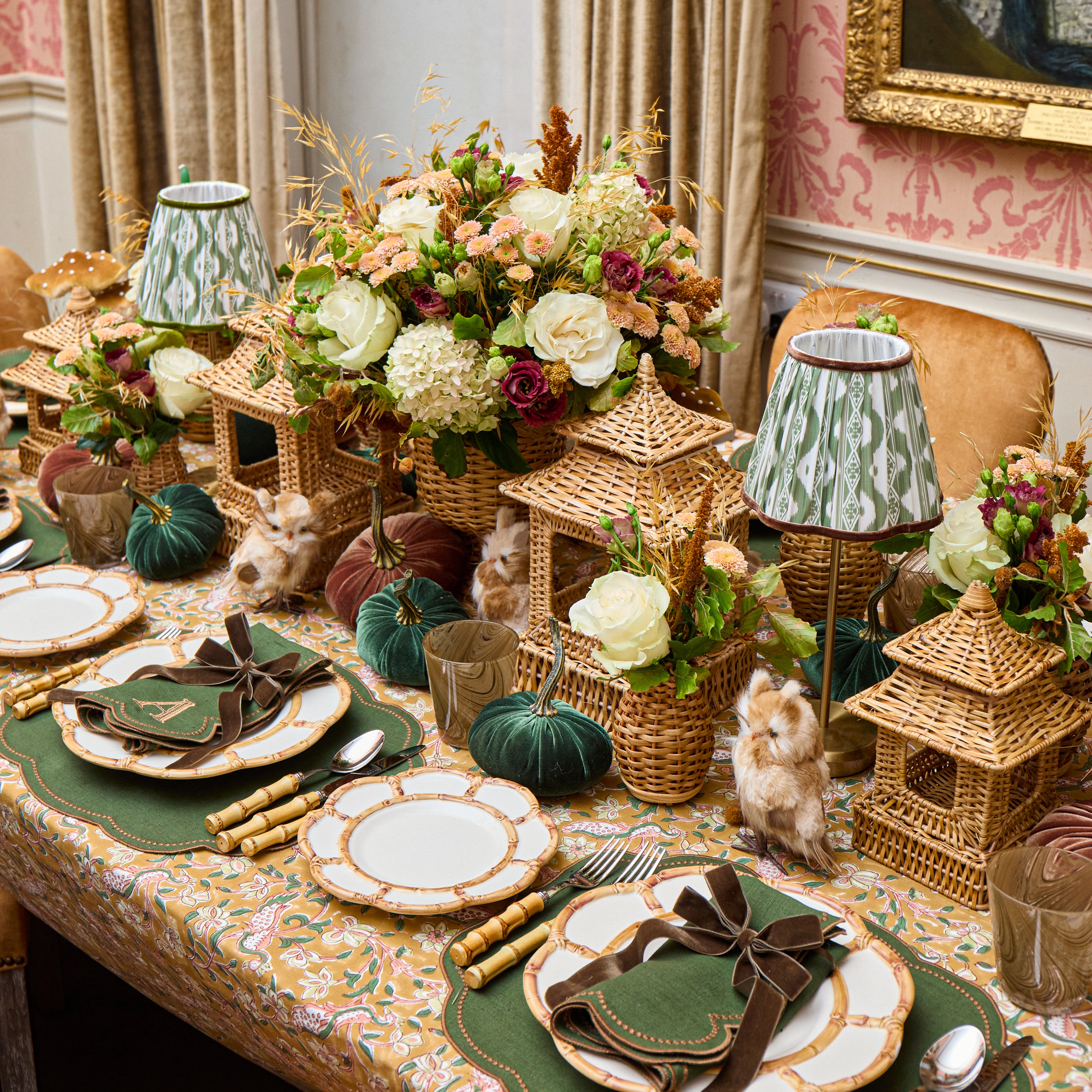 Forest Green & Chocolate Eloise Linen Placemats & Napkins (Set of 8)