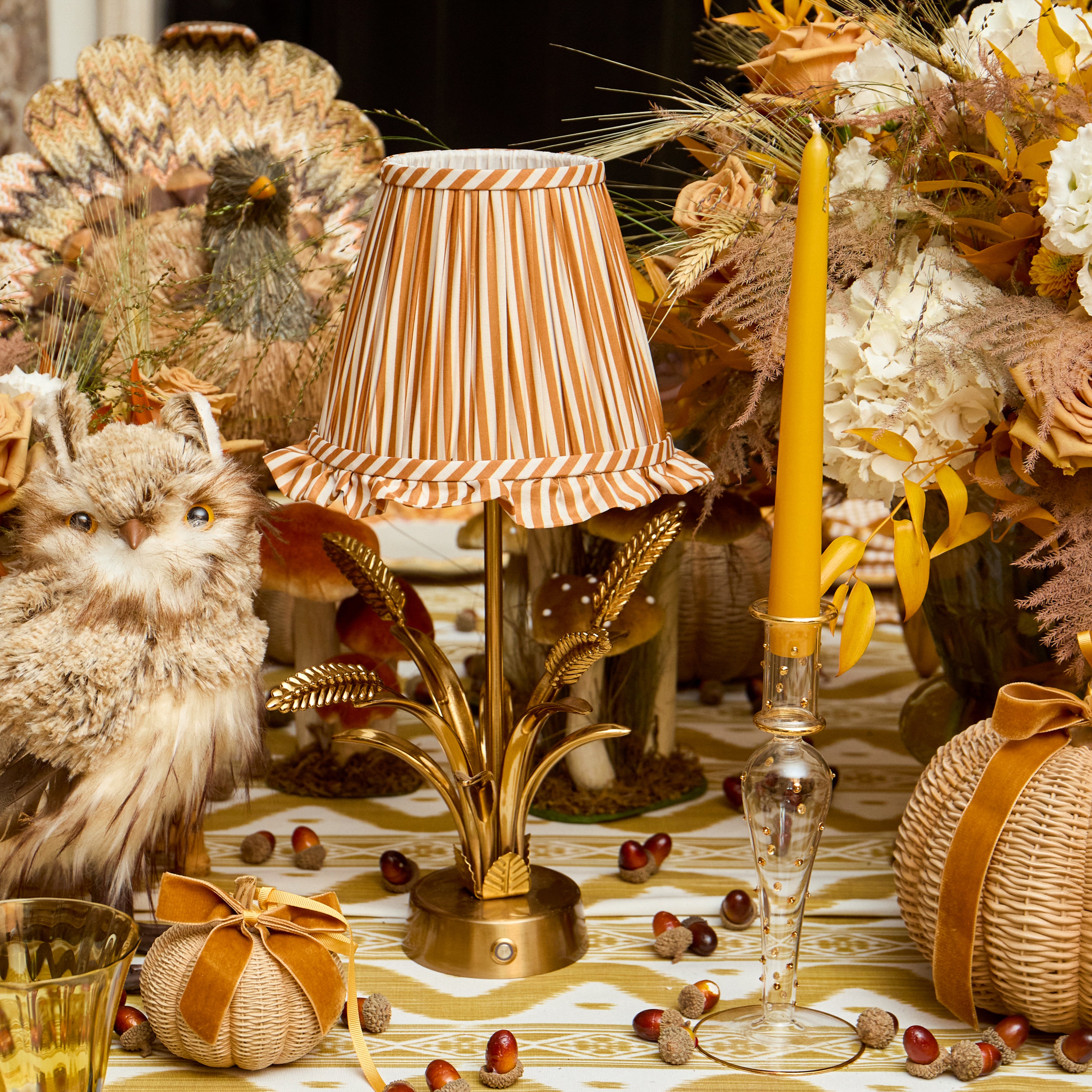 Corn Sheaf Rechargeable Lamp with Mustard Stripe Ruffle Shade (18cm)
