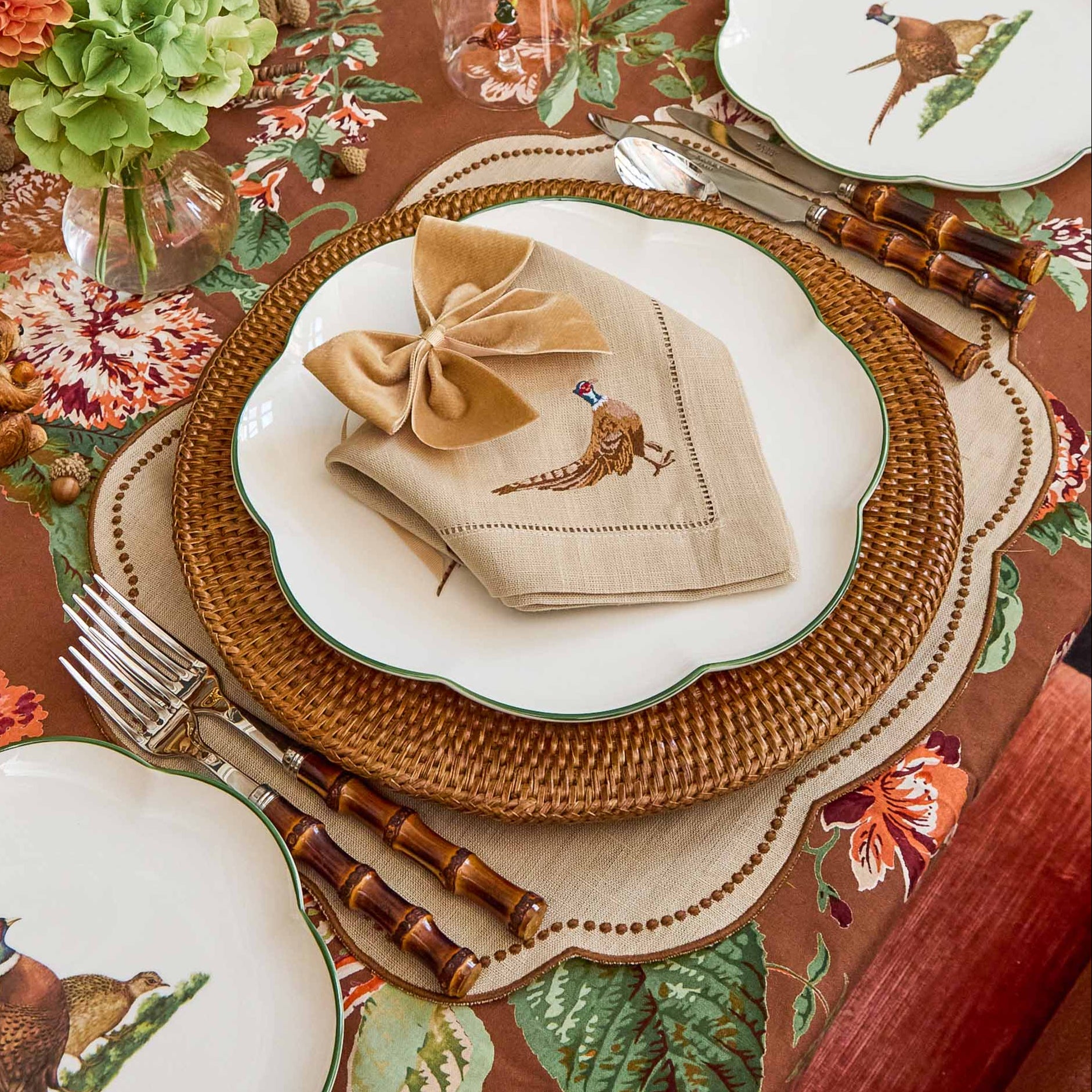 Eloise Taupe & Chocolate Linen Placemats & Pheasant Napkins (Set of 4)