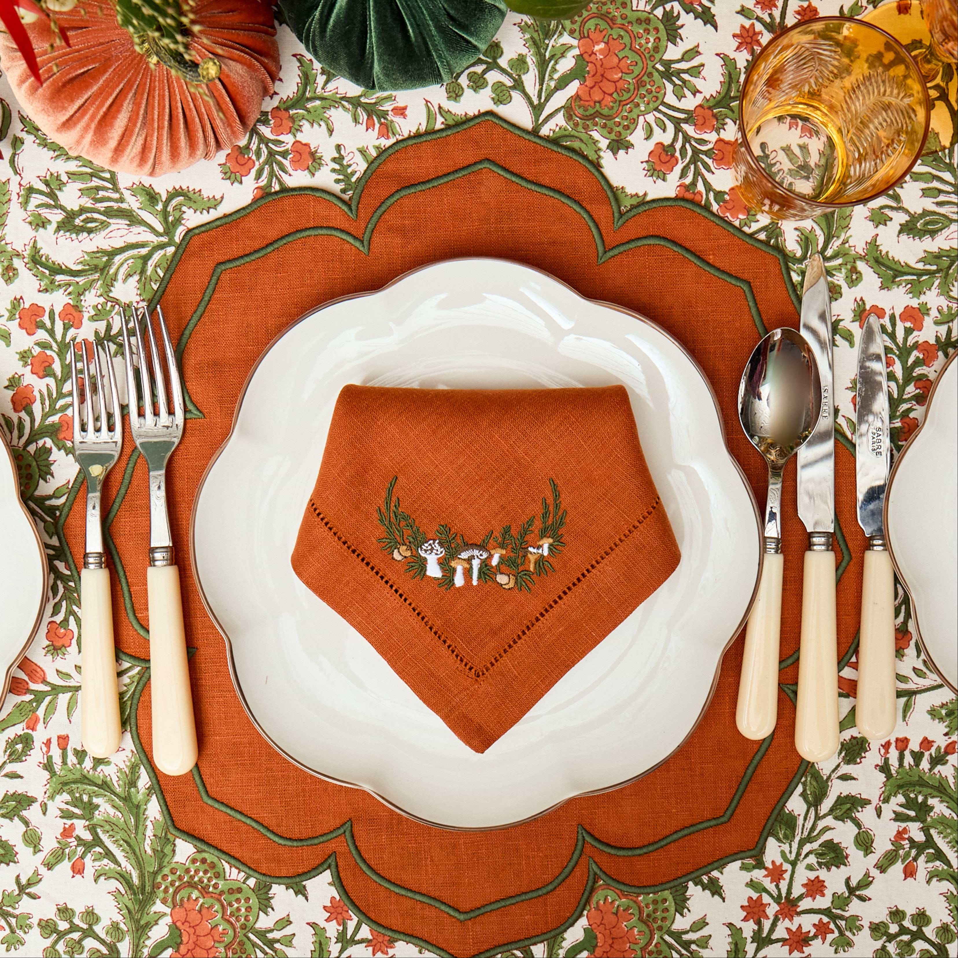 Orange & Green Fleur Placemats & Mushroom Garland Napkins (Set of 8)