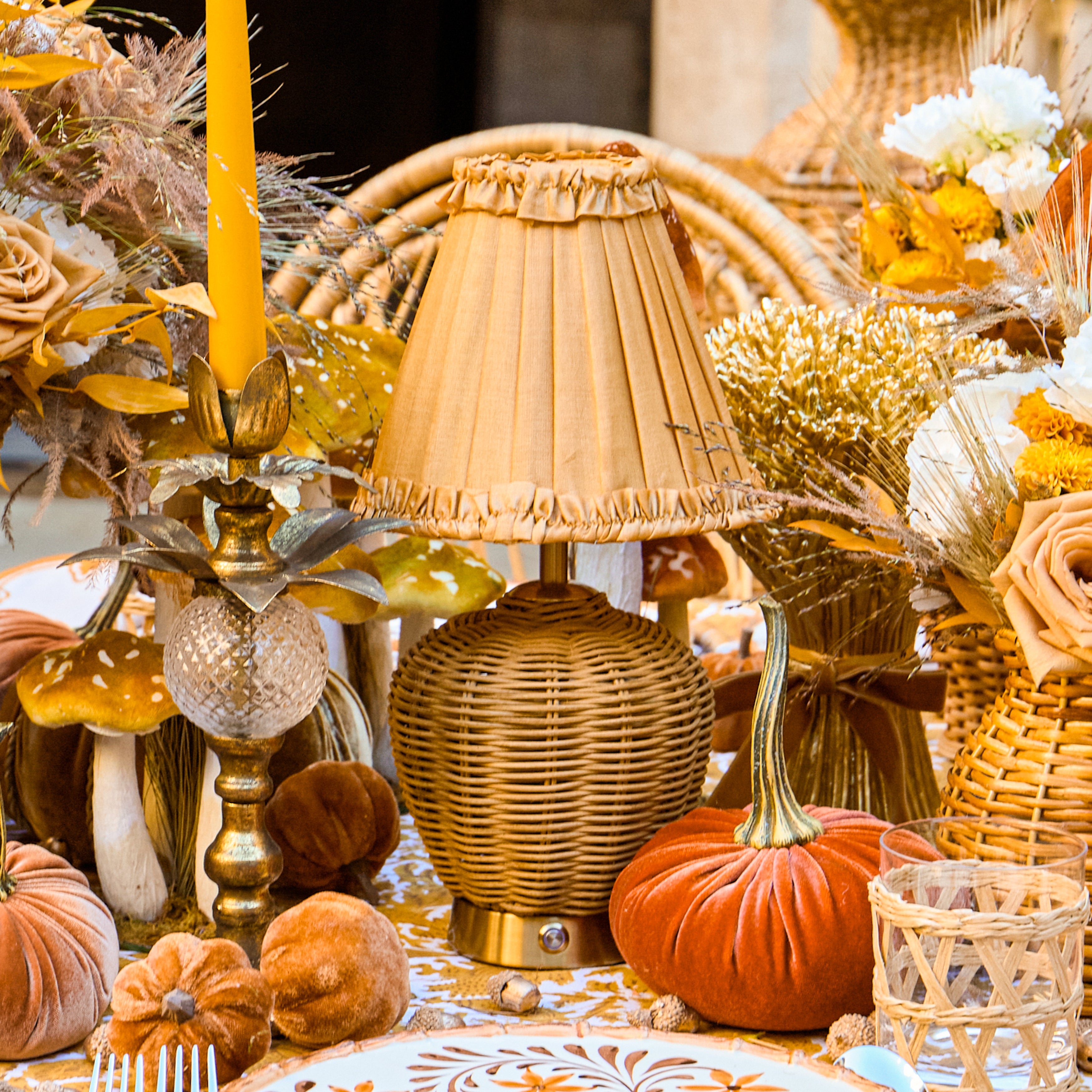 Rattan Ursula Rechargeable Lamp with Caramel Silk Frilled Shade (18cm)