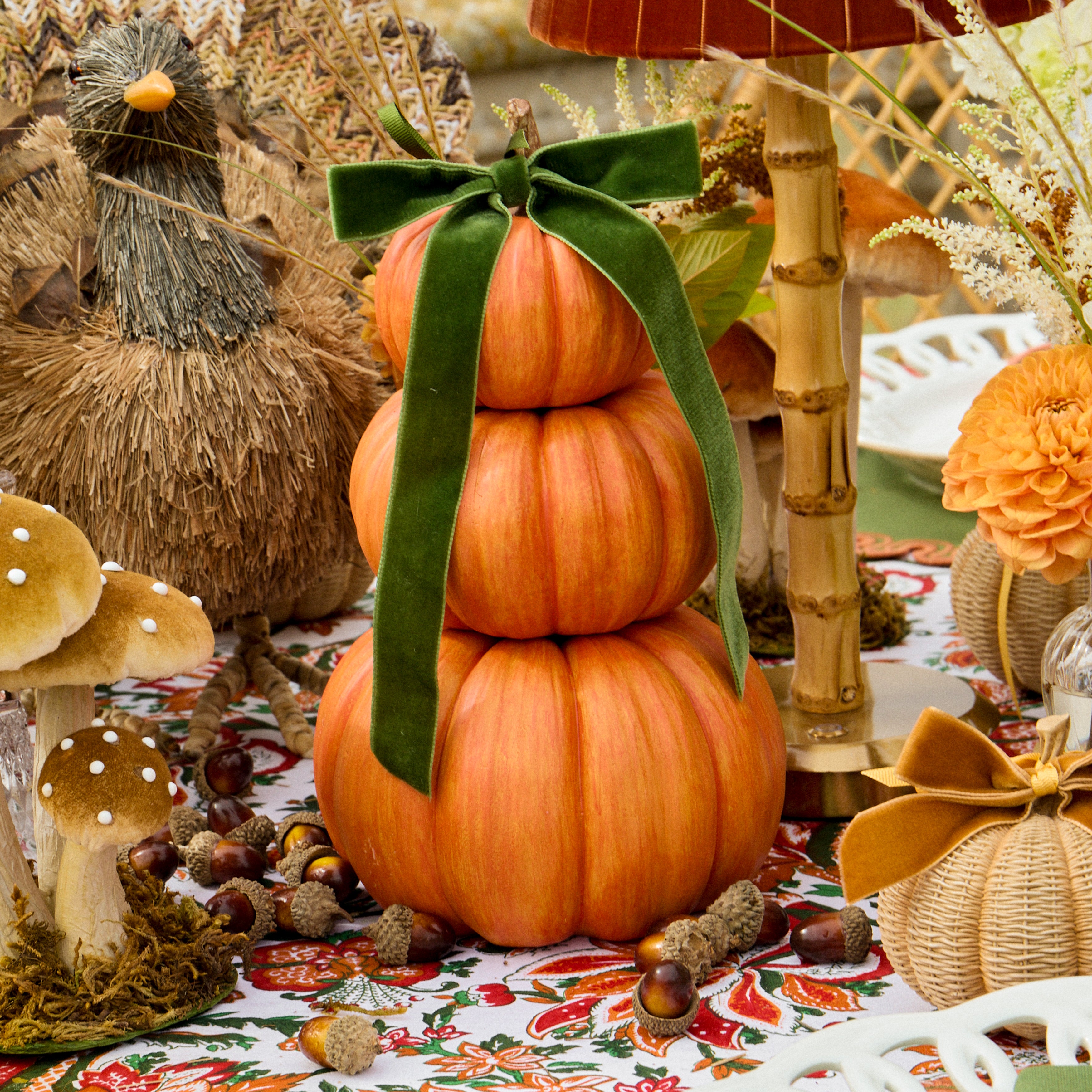 Orange Stacked Pumpkins with Green Bow (Pair)