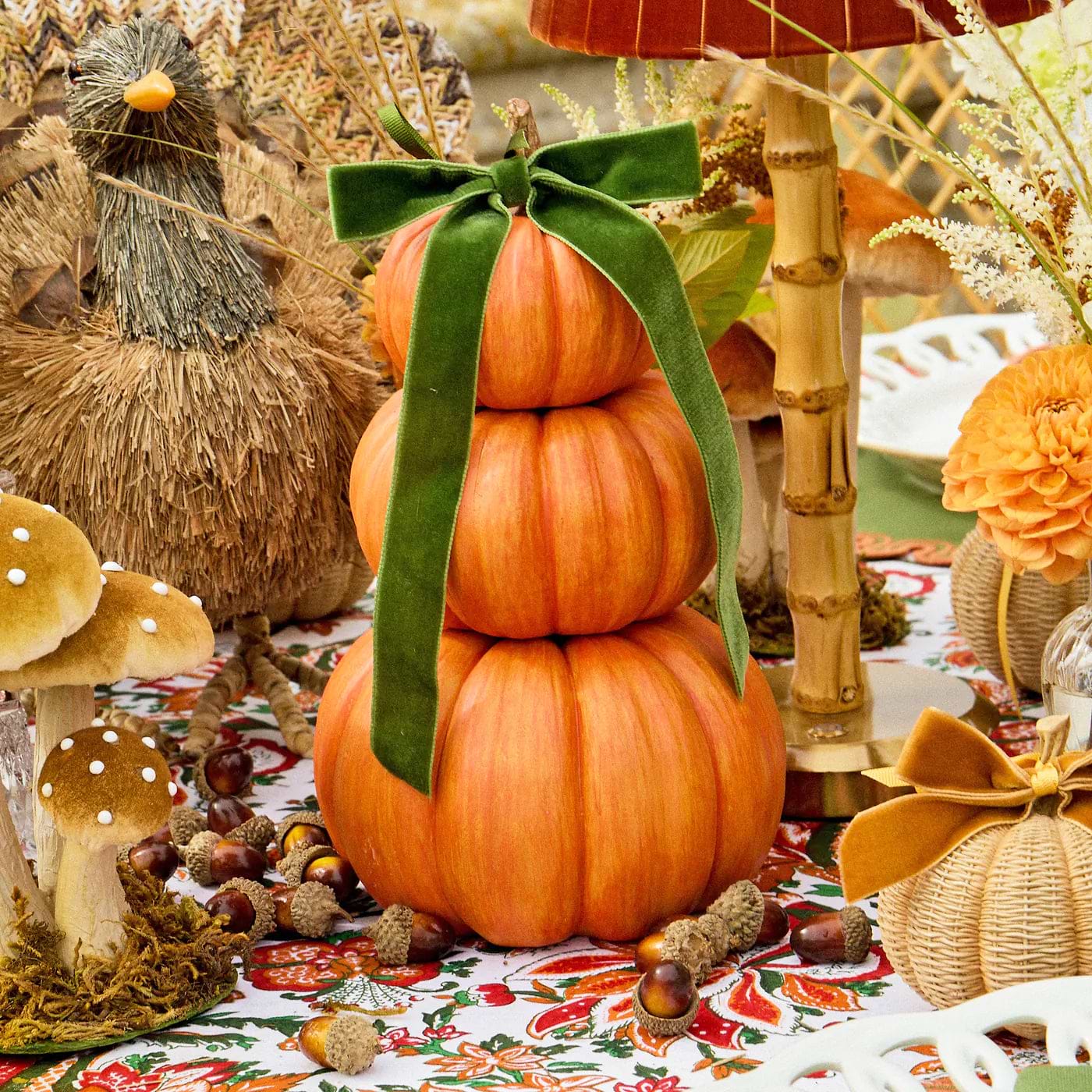 Orange Stacked Pumpkins with Green Bow (Pair)