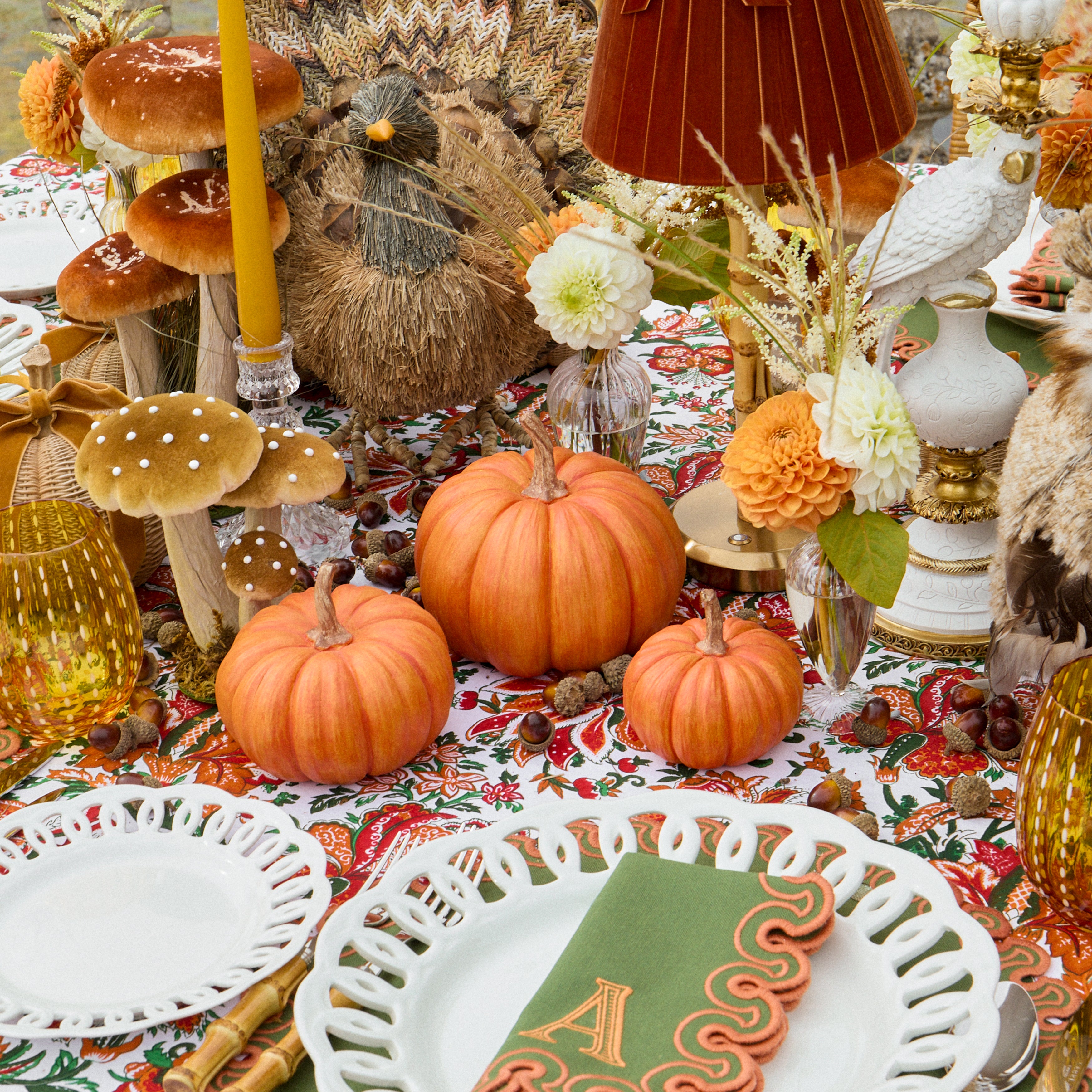 Orange Stacked Pumpkins with Green Bow (Pair)