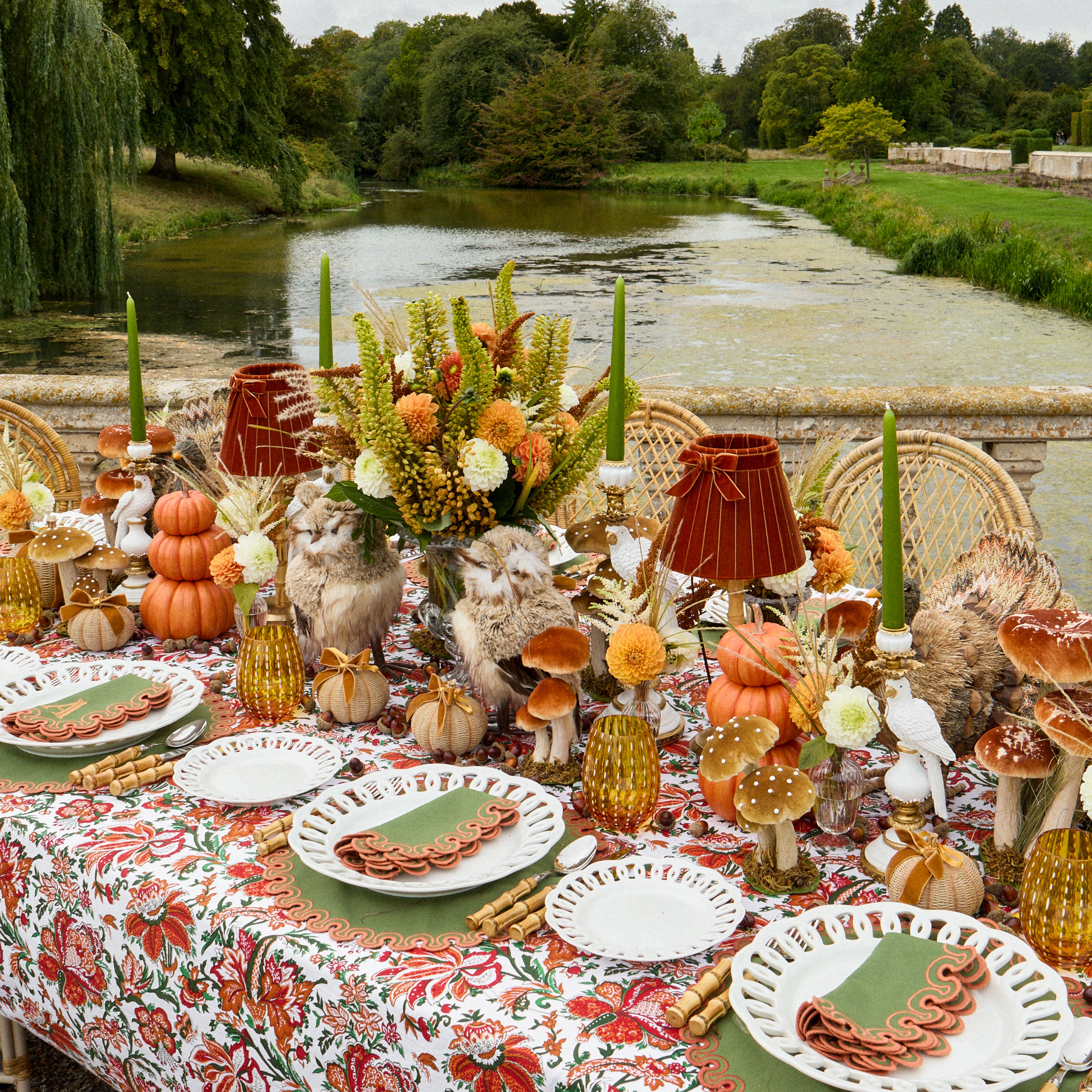 Orange Stacked Pumpkins with Green Bow (Pair)