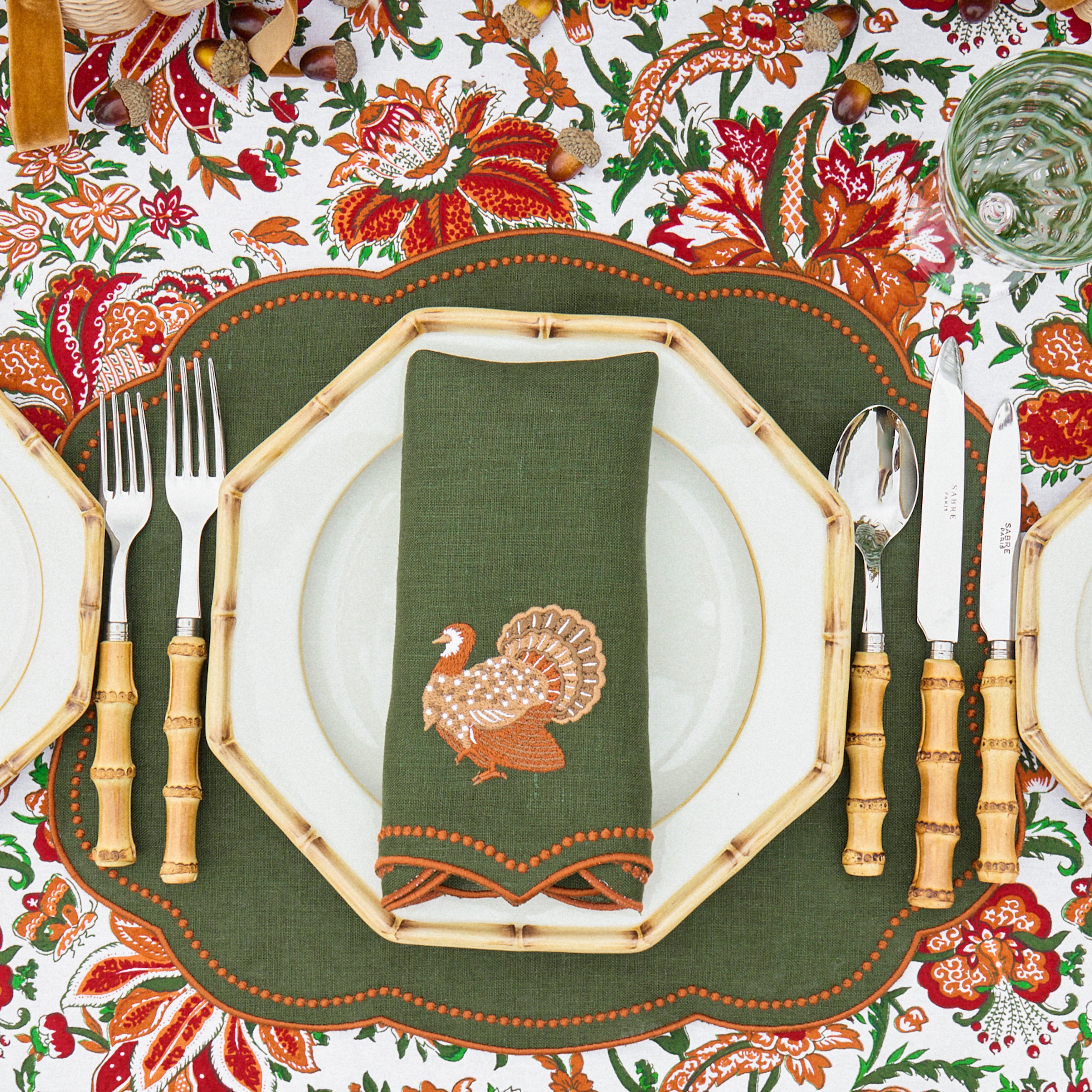 Forest Green & Orange Eloise Placemats & Turkey Embroidered Napkins (Set of 8)