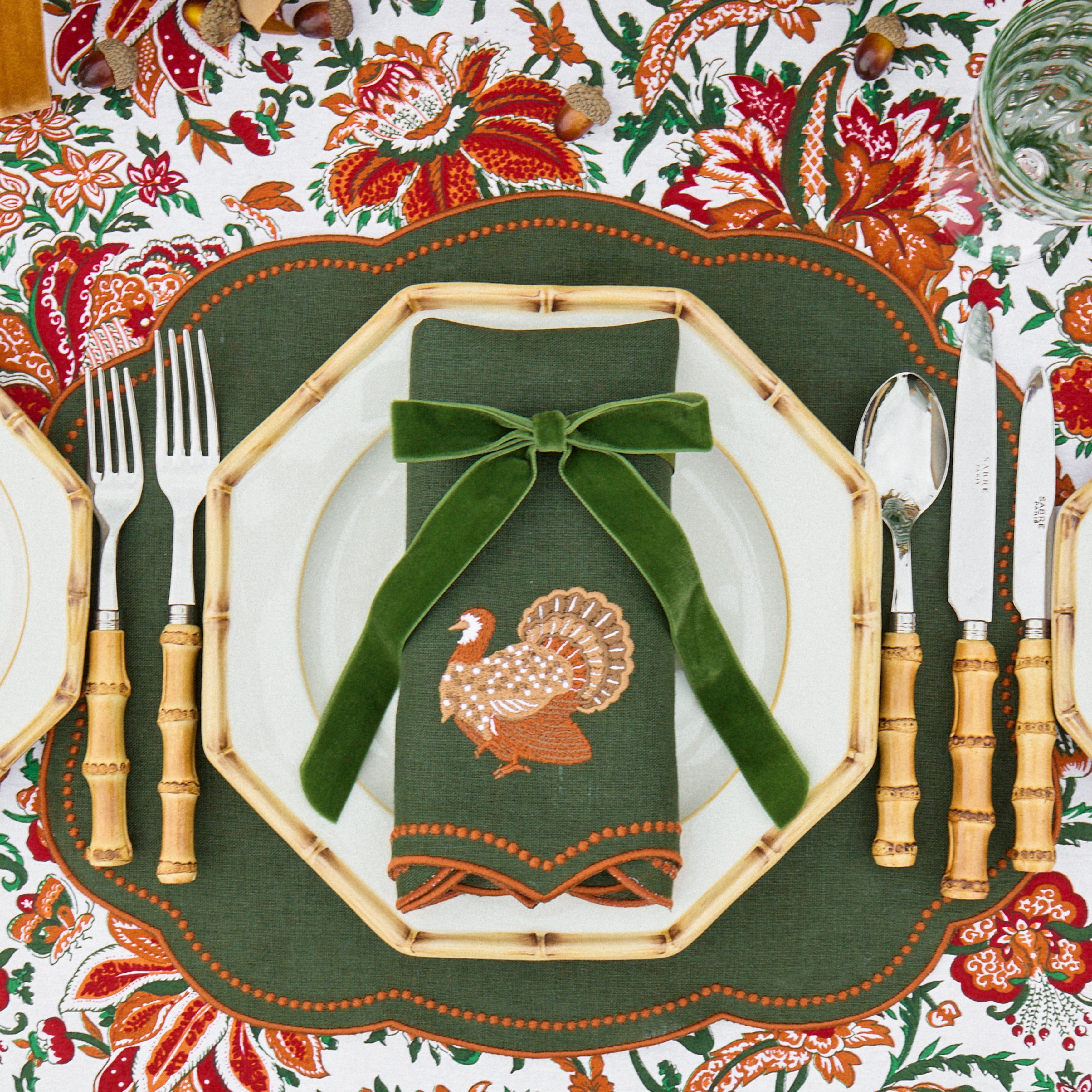 Forest Green & Orange Eloise Linen Placemats (Set of 4)