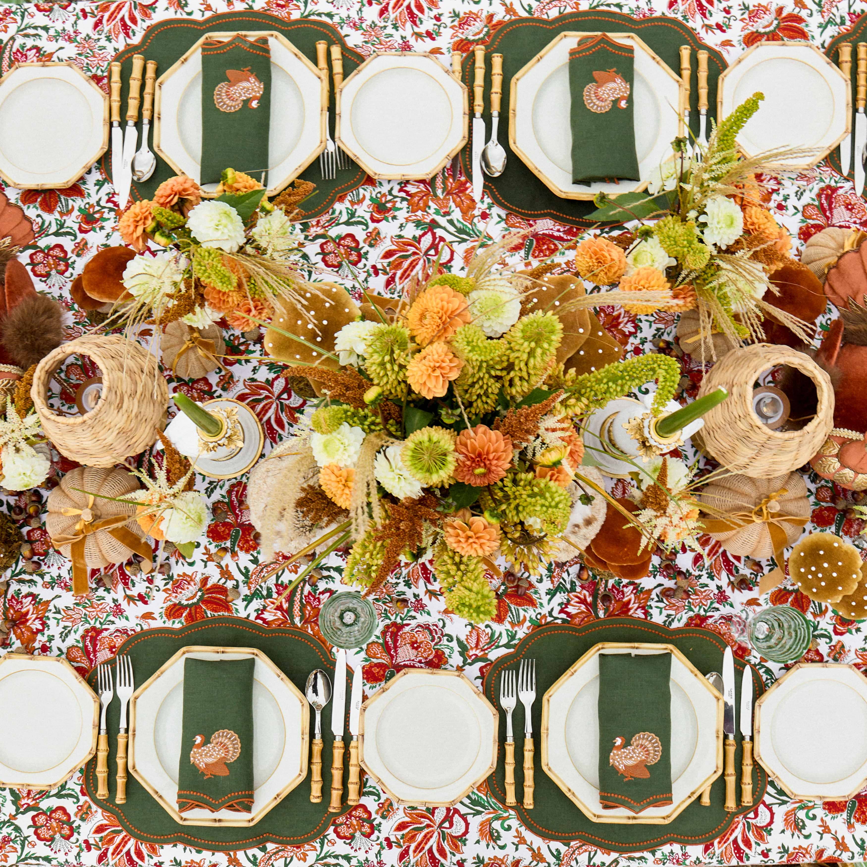 Forest Green & Orange Eloise Placemats & Turkey Embroidered Napkins (Set of 8)