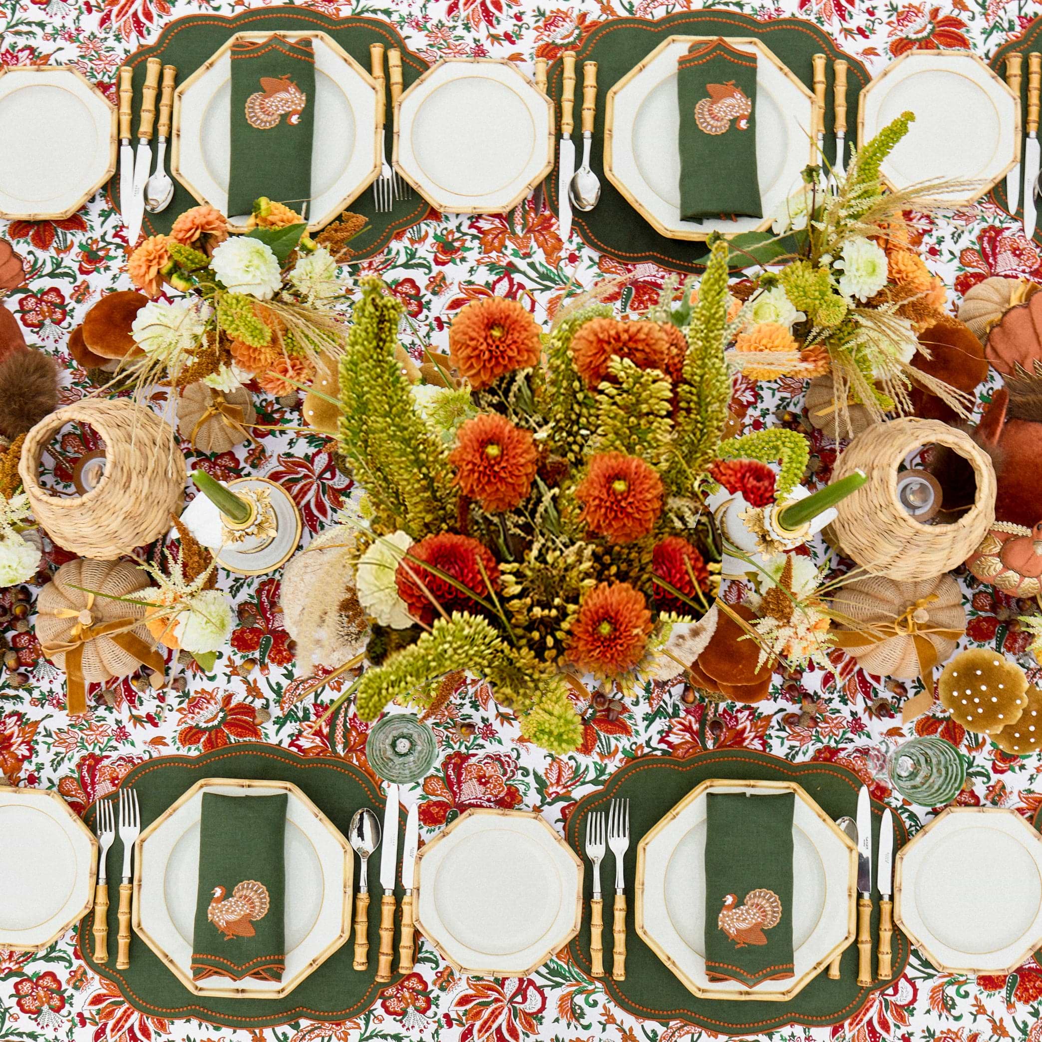 Forest Green & Orange Eloise Placemats & Turkey Embroidered Napkins (Set of 8)