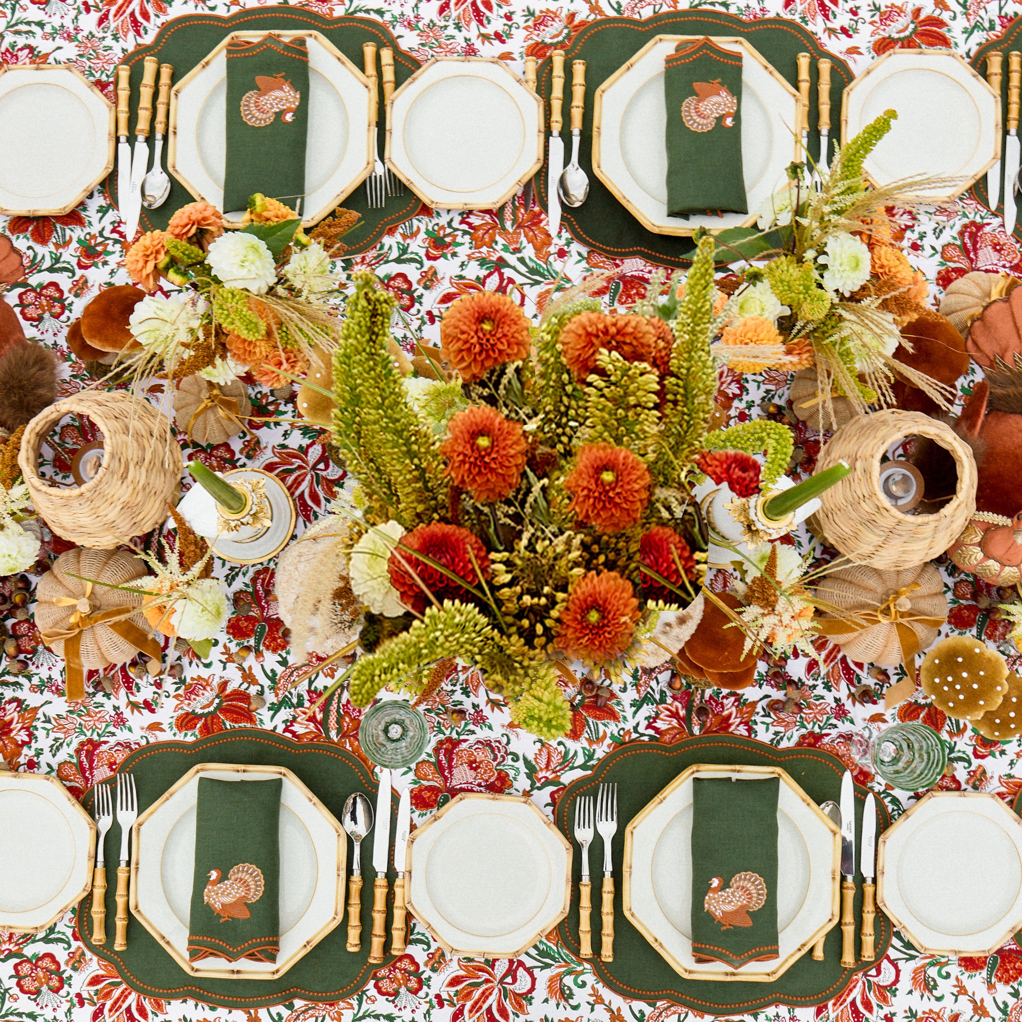 Forest Green & Orange Eloise Placemats & Turkey Embroidered Napkins (Set of 8)
