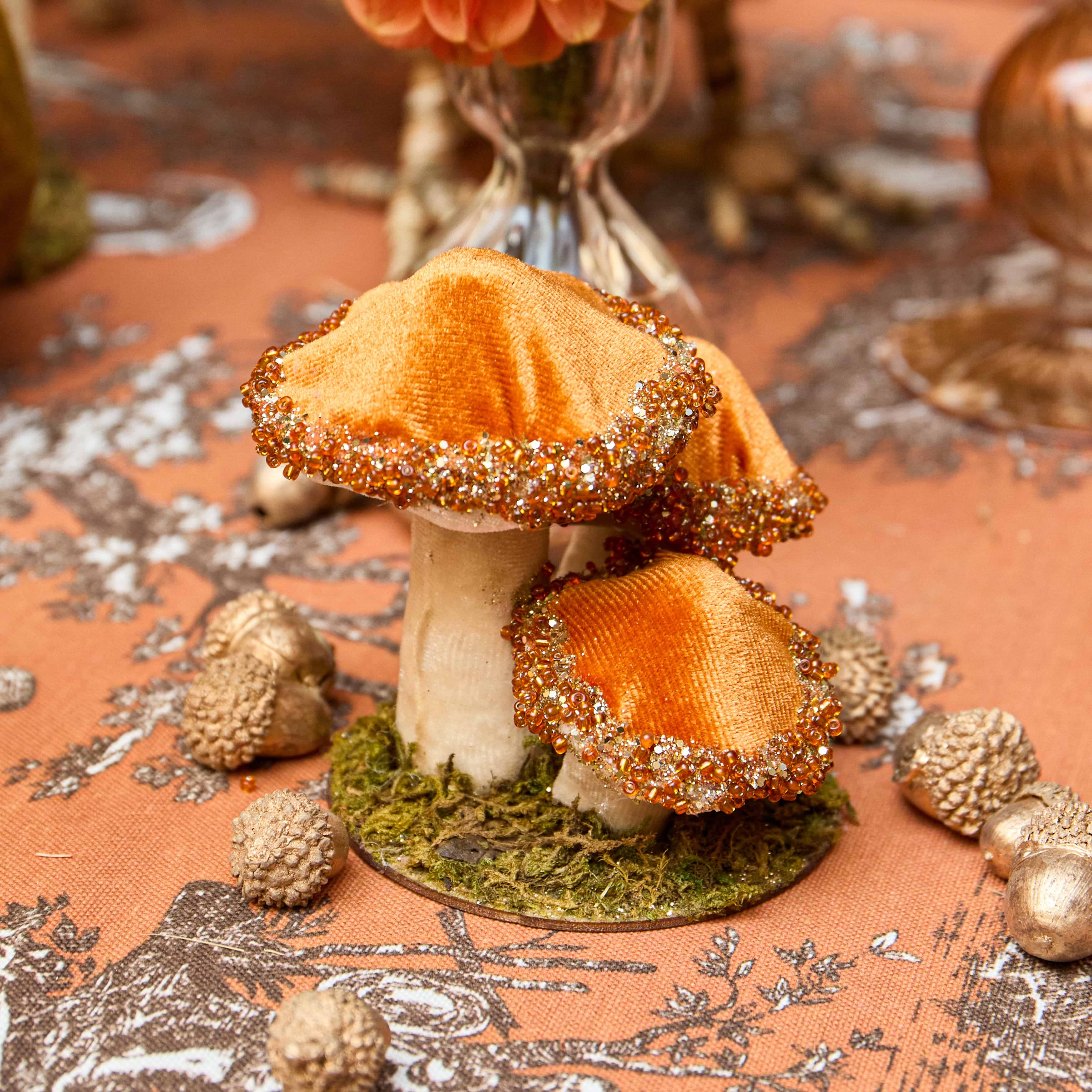 Mini Orange Beaded Velvet Mushroom (Set of 3)