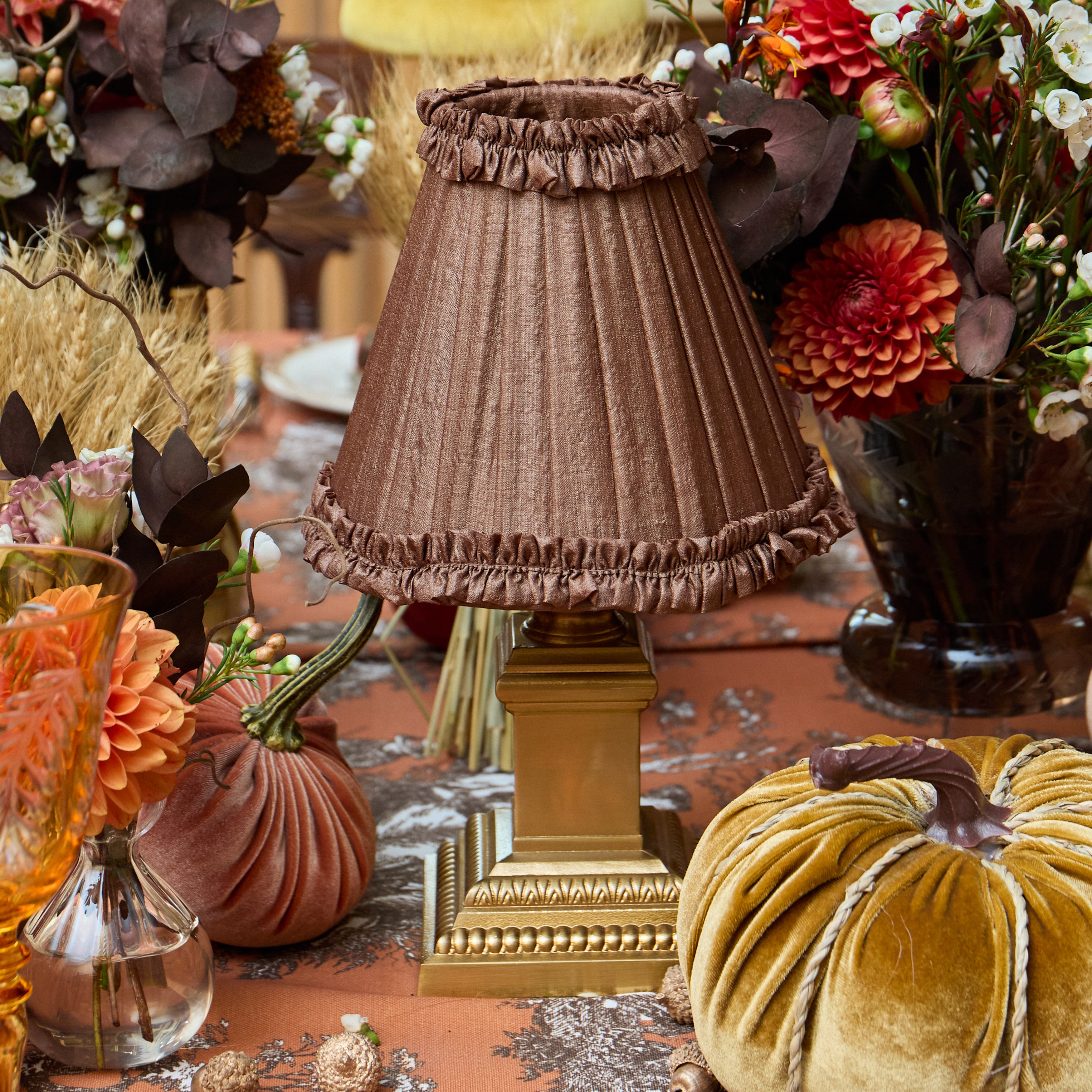 Short Corinthian Square Rechargeable Lamp with Brown Frilled Silk Shade (18cm)