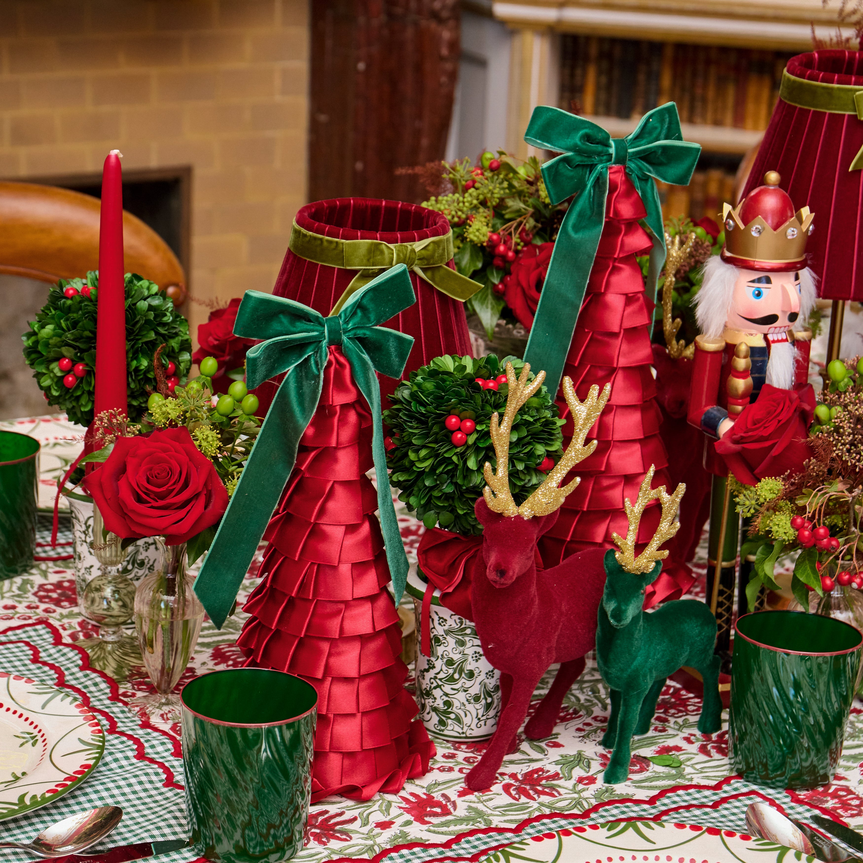 Red Ruffle Tree with Green Bow Trio