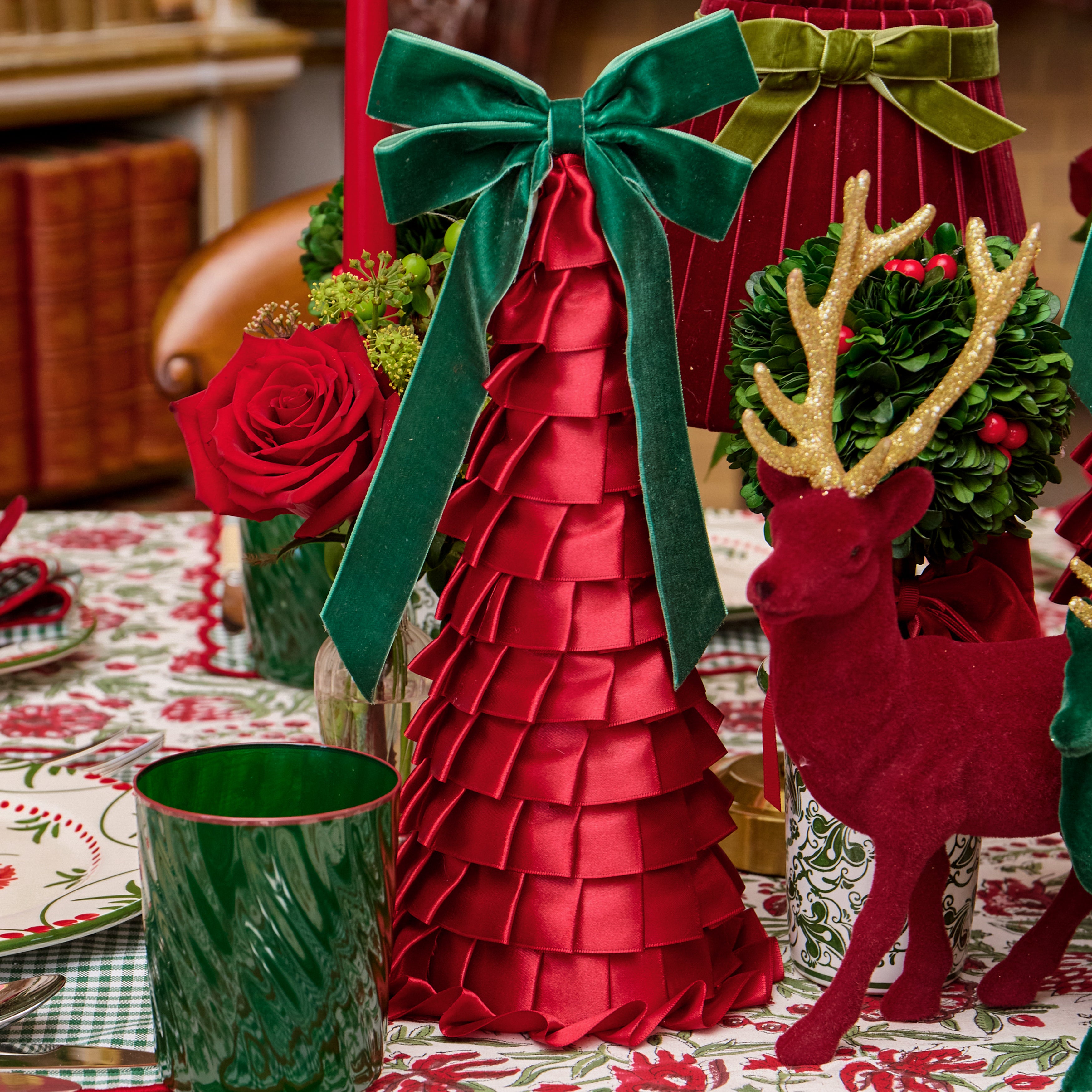 Red Ruffle Tree with Green Bow Trio