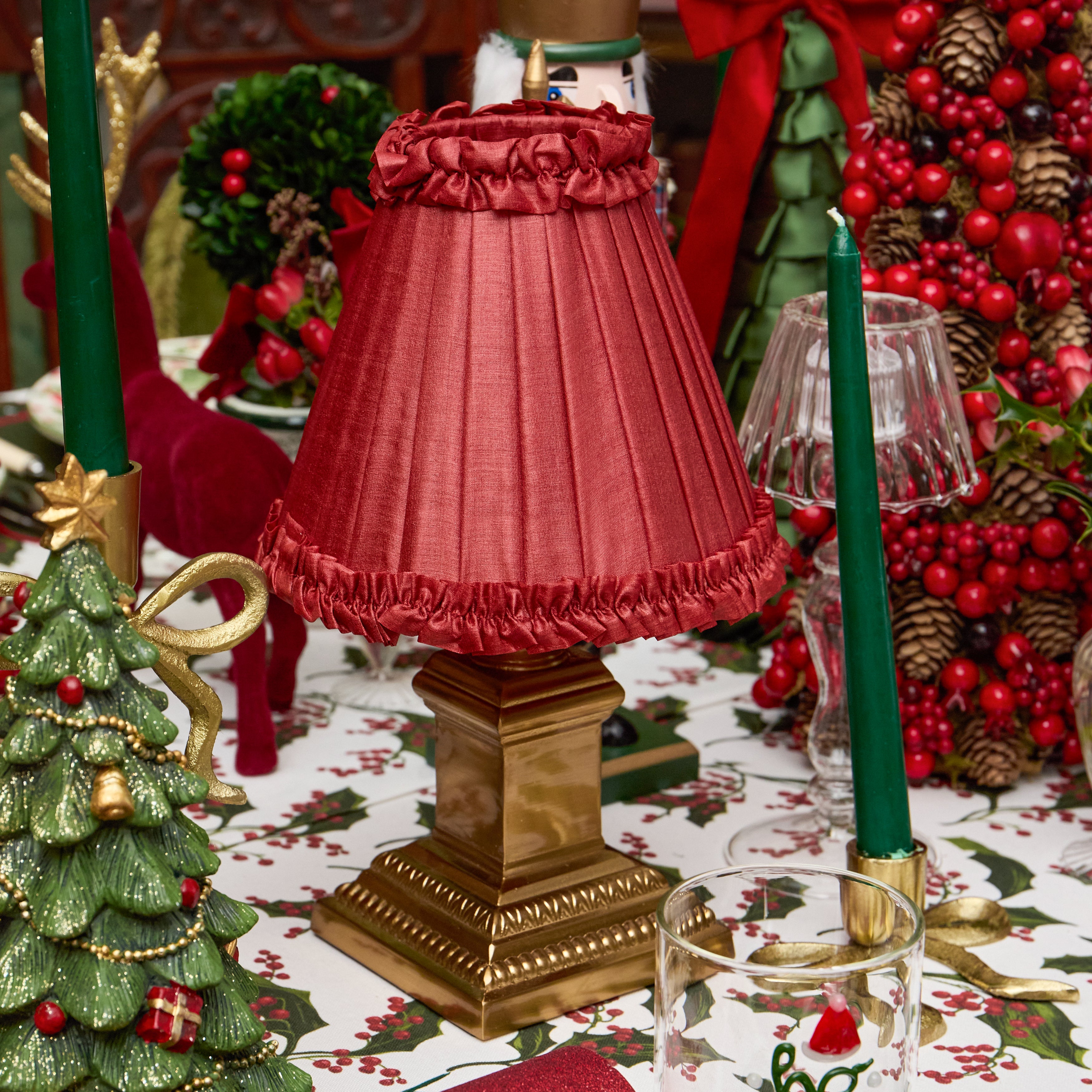 Short Corinthian Square Rechargeable Lamp with Red Frilled Silk Shade (18cm)