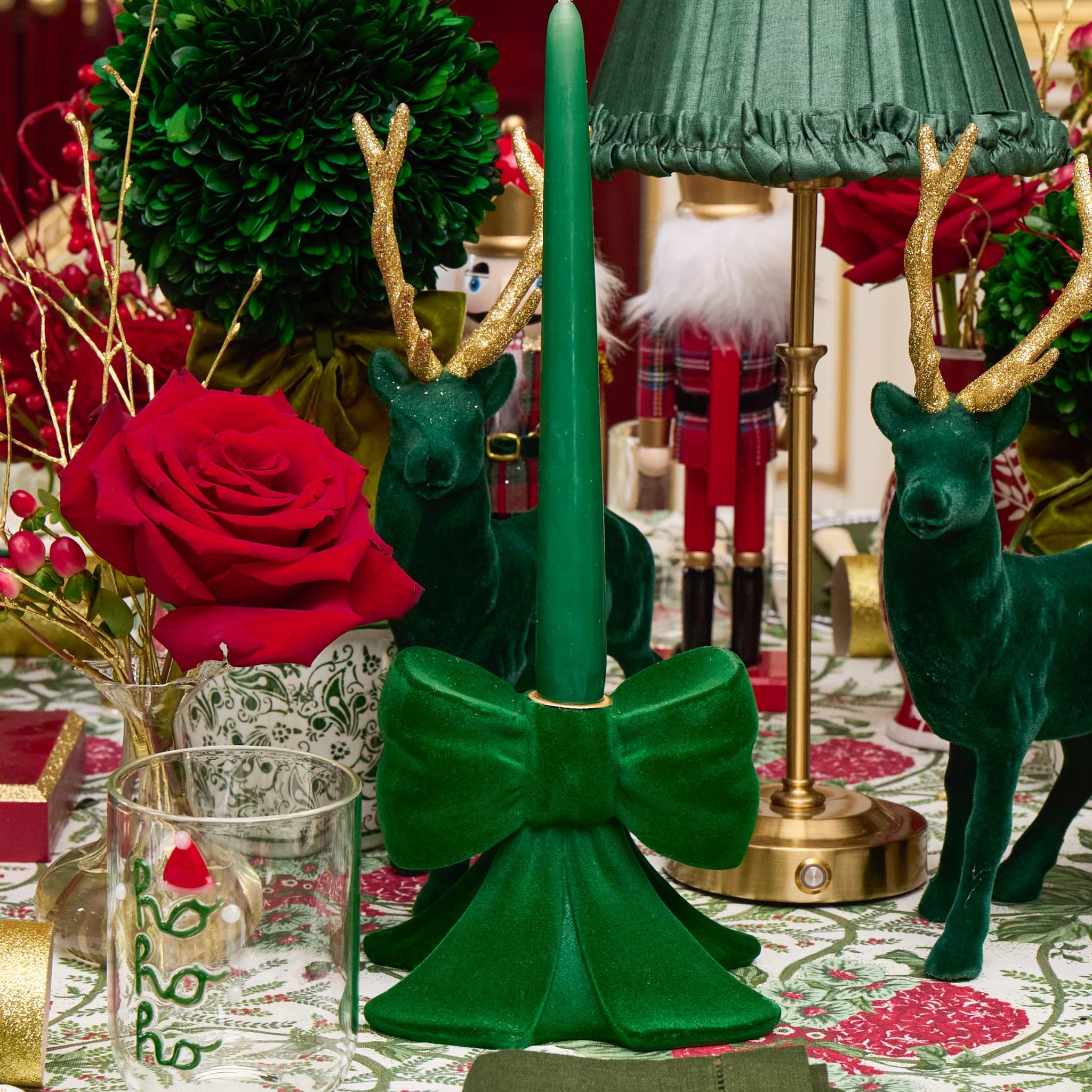 Green Velvet Bow Candle Holders (Pair)