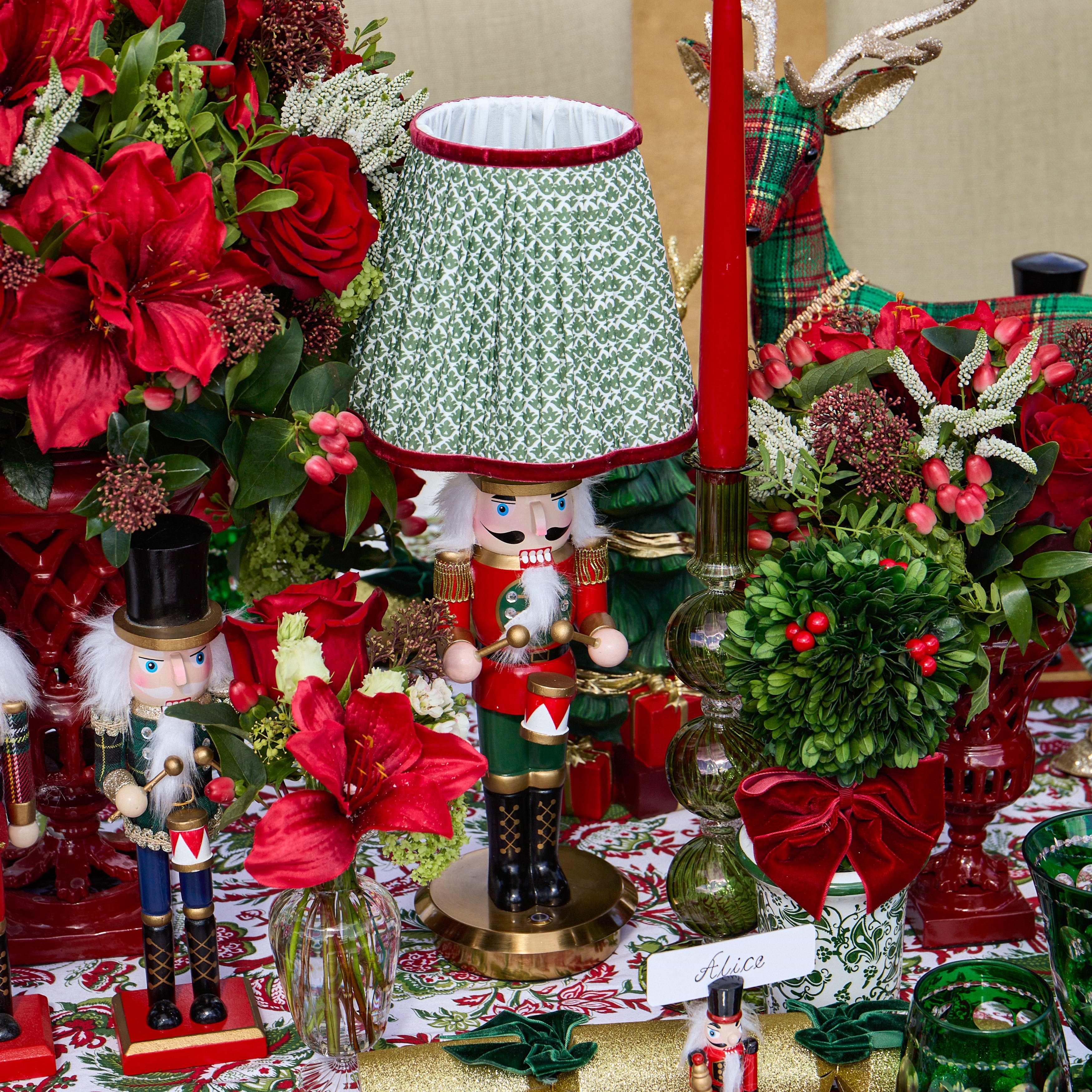 Red Nutcracker Rechargeable Lamp with Olive & Red Lotus Shade (18cm)