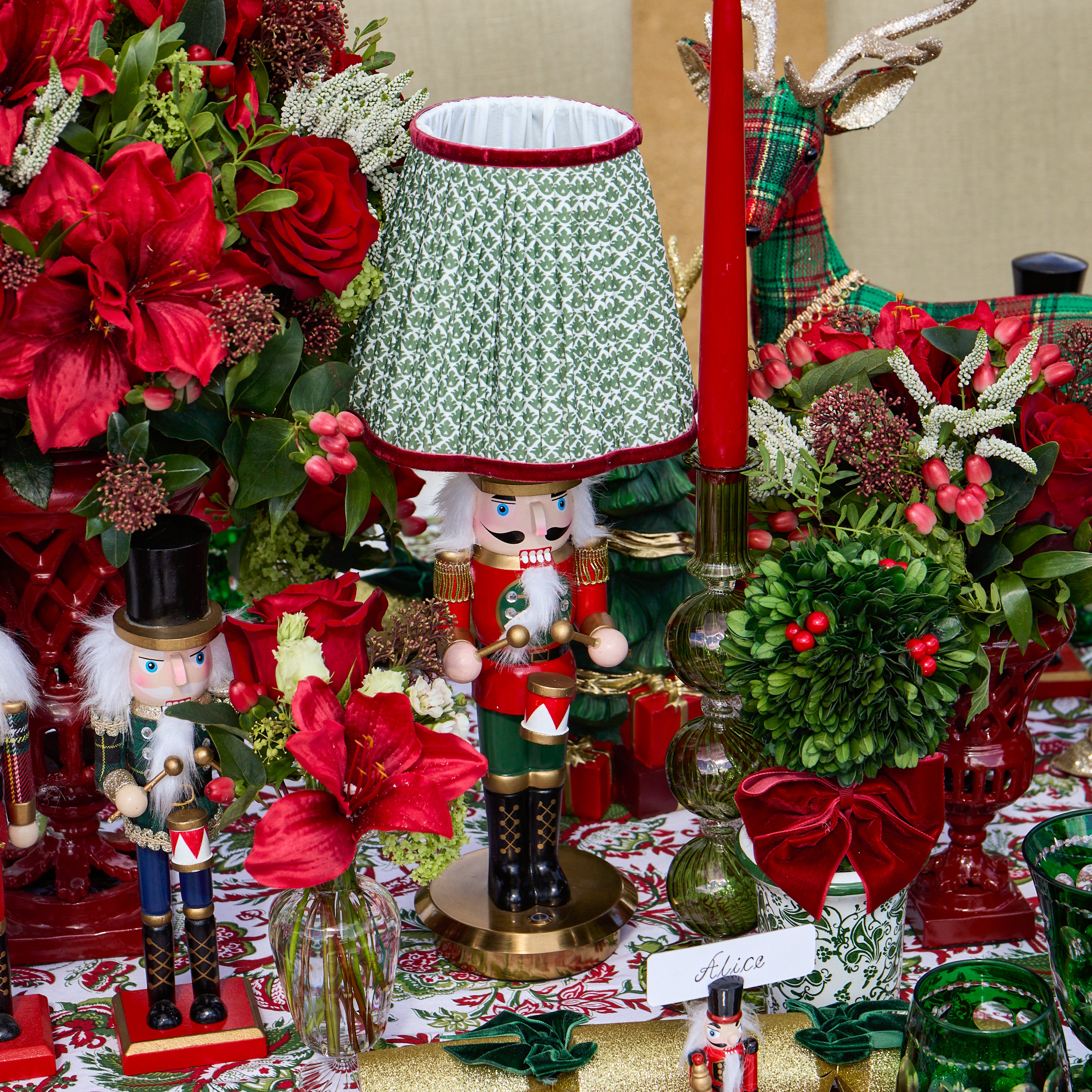 Red Nutcracker Rechargeable Lamp with Olive & Red Lotus Shade (18cm)