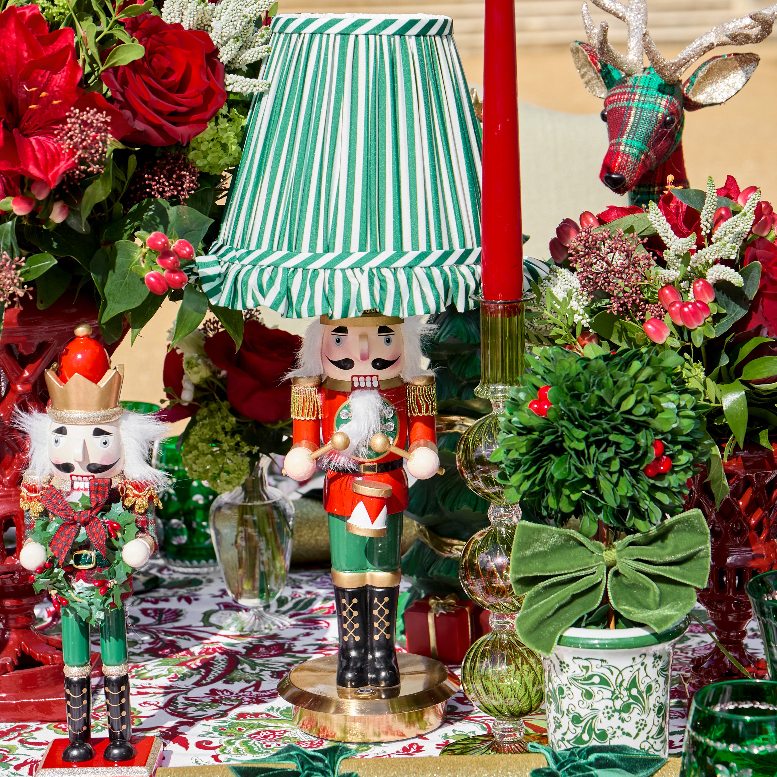 Red Traditional Nutcracker Rechargeable Lamp with Green Stripe Shade (18cm)
