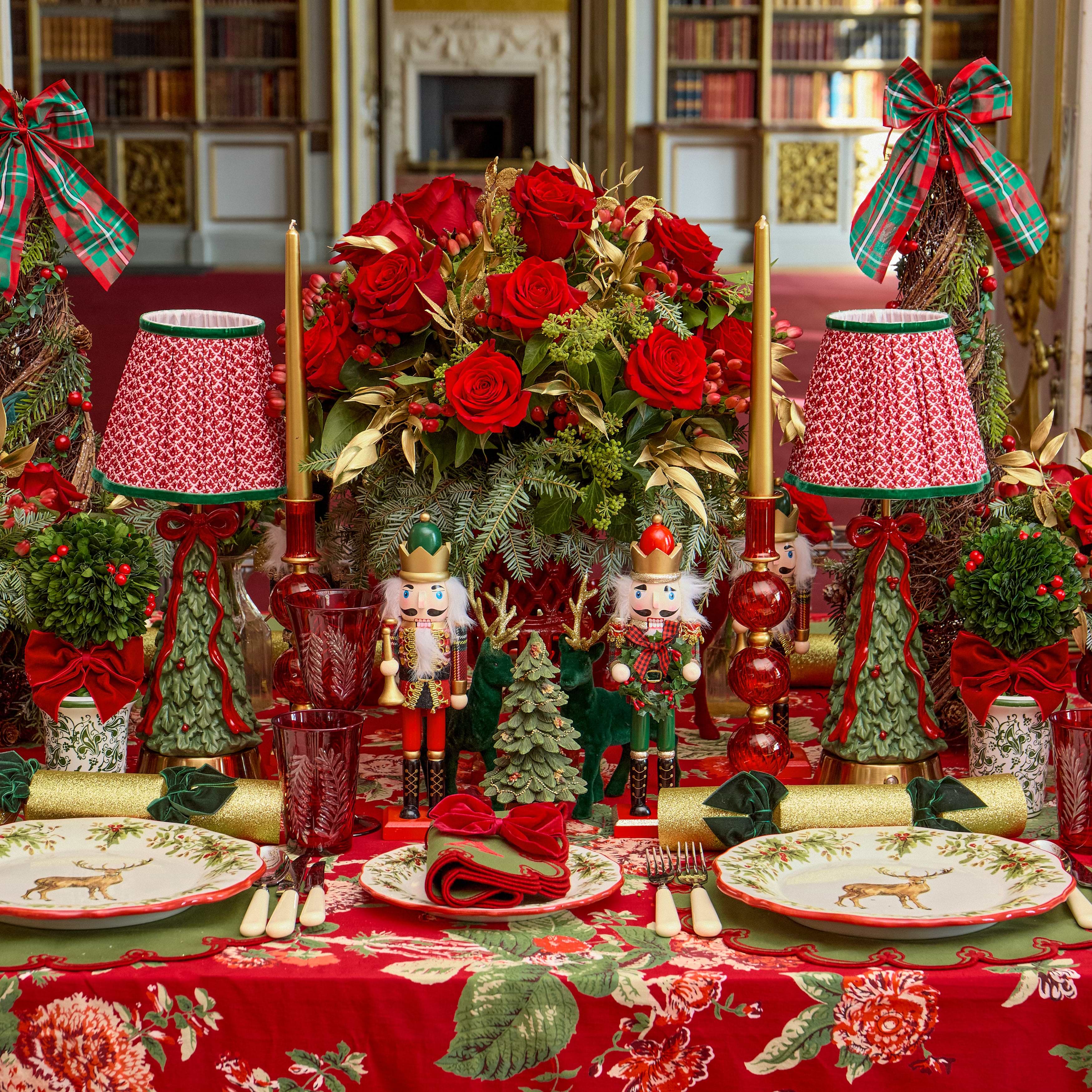 Ribboned Christmas Tree Rechargeable Lamp with Red & Olive Lotus Shade (18cm)