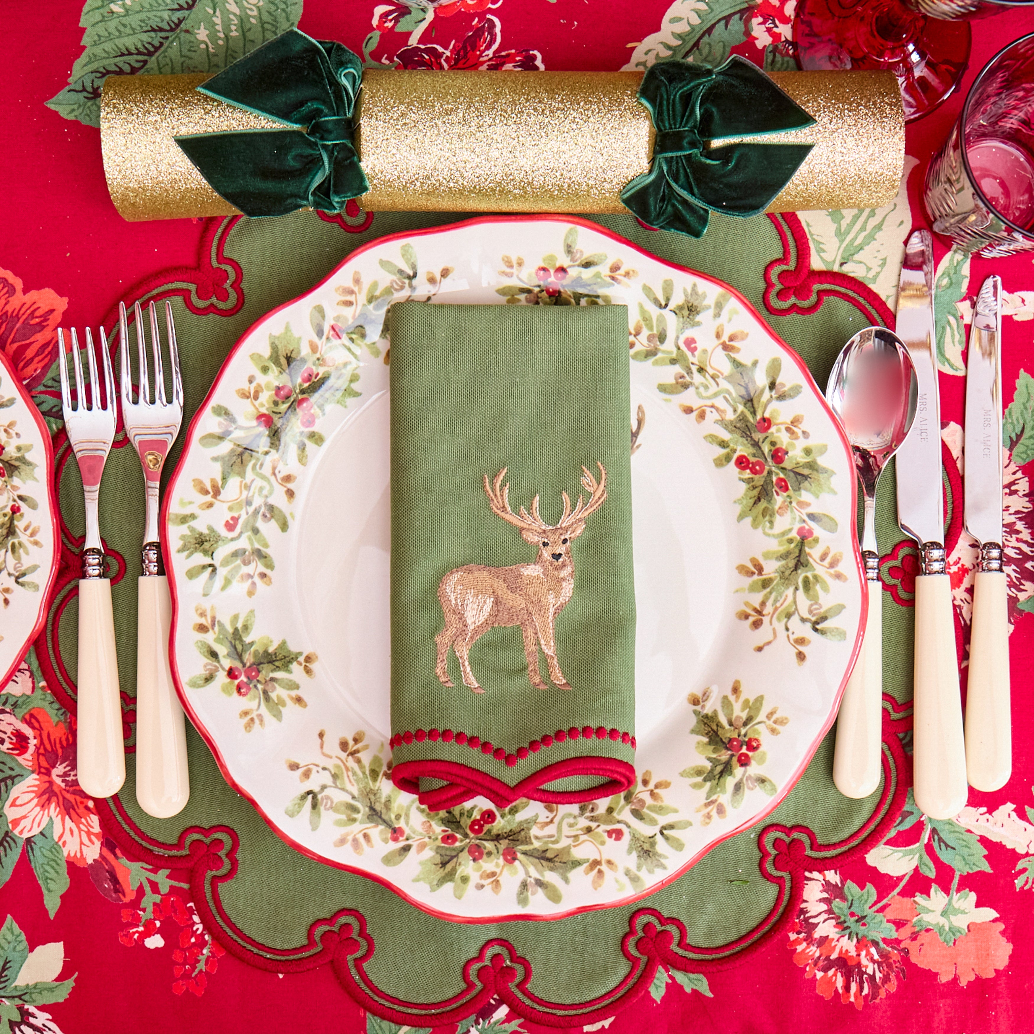 Forest Green & Red Eloise Stag Linen Napkins (Set of 4)
