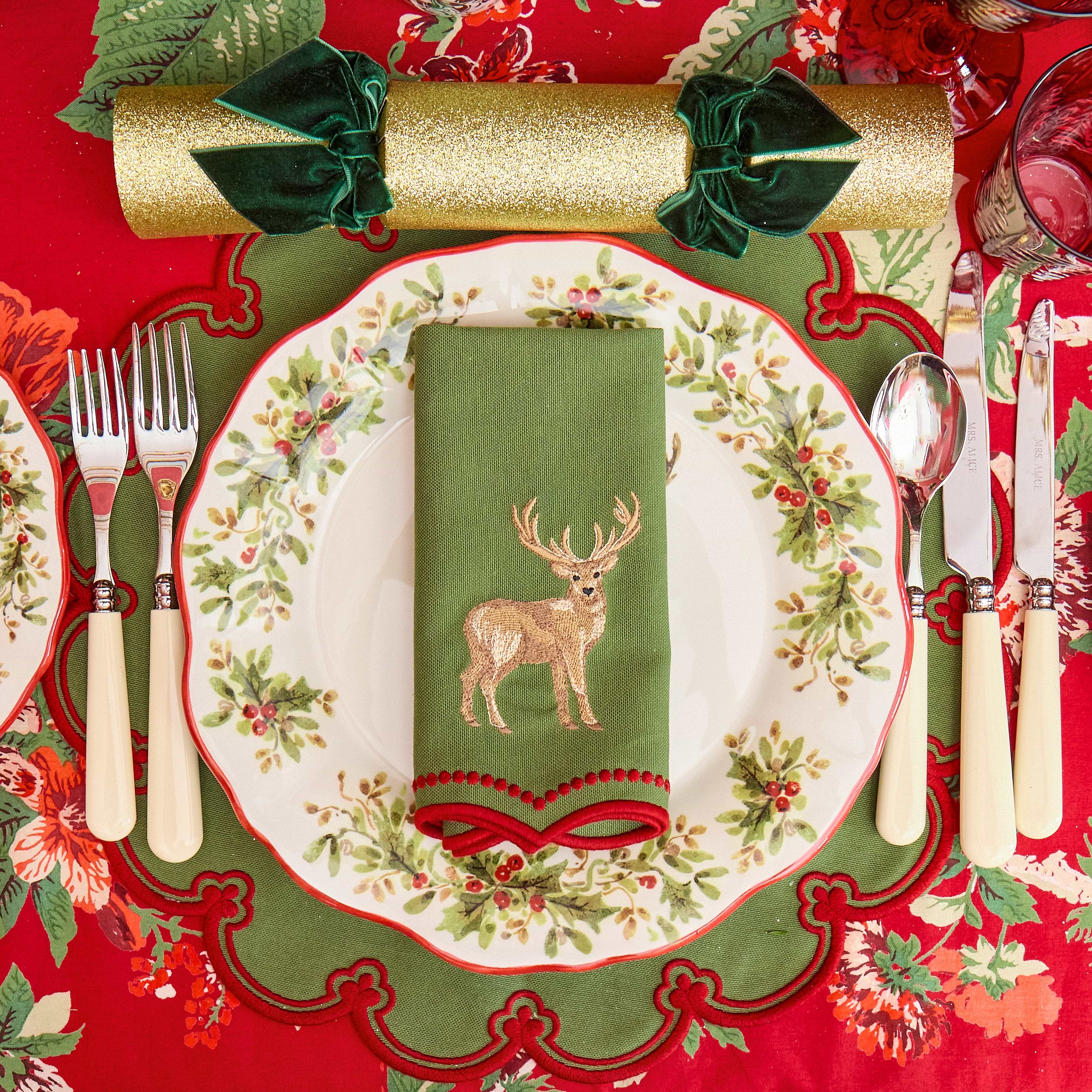 Forest Green & Red Eloise Stag Linen Napkins (Set of 4)
