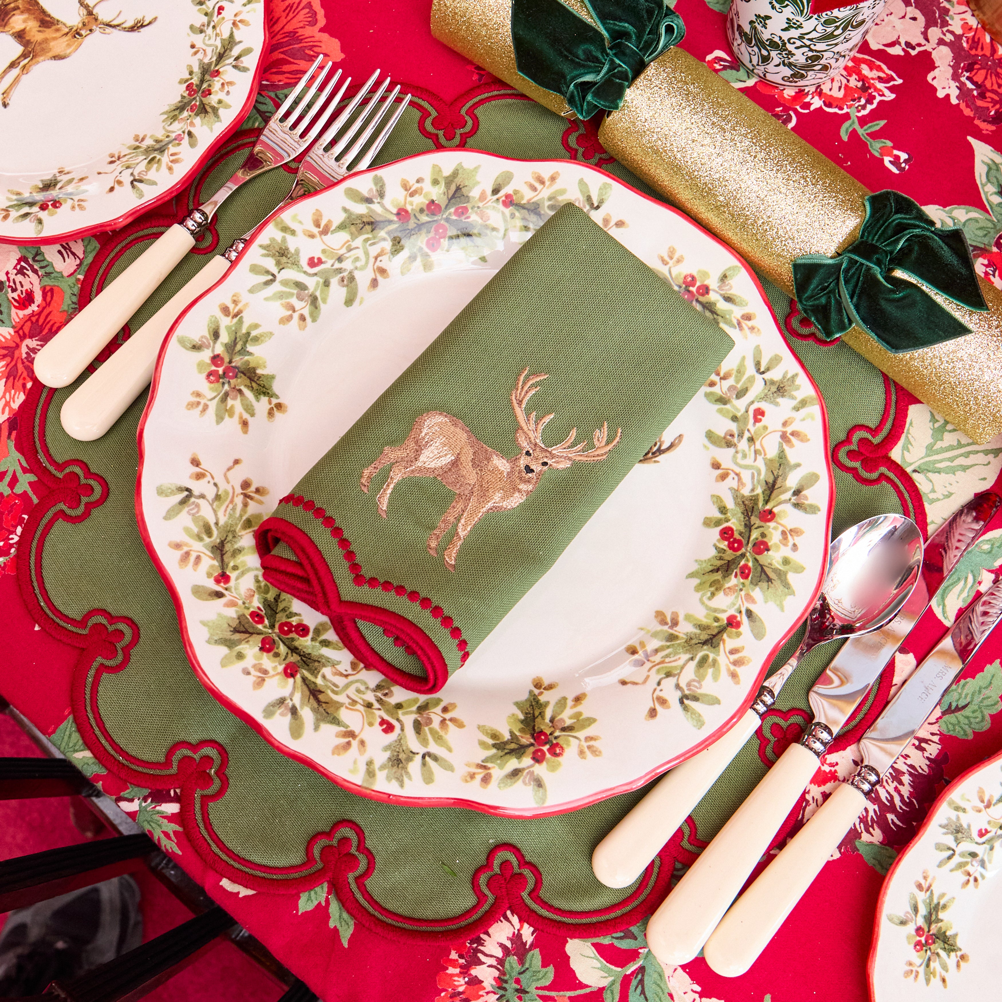 Forest Green & Red Eloise Stag Linen Napkins (Set of 4)
