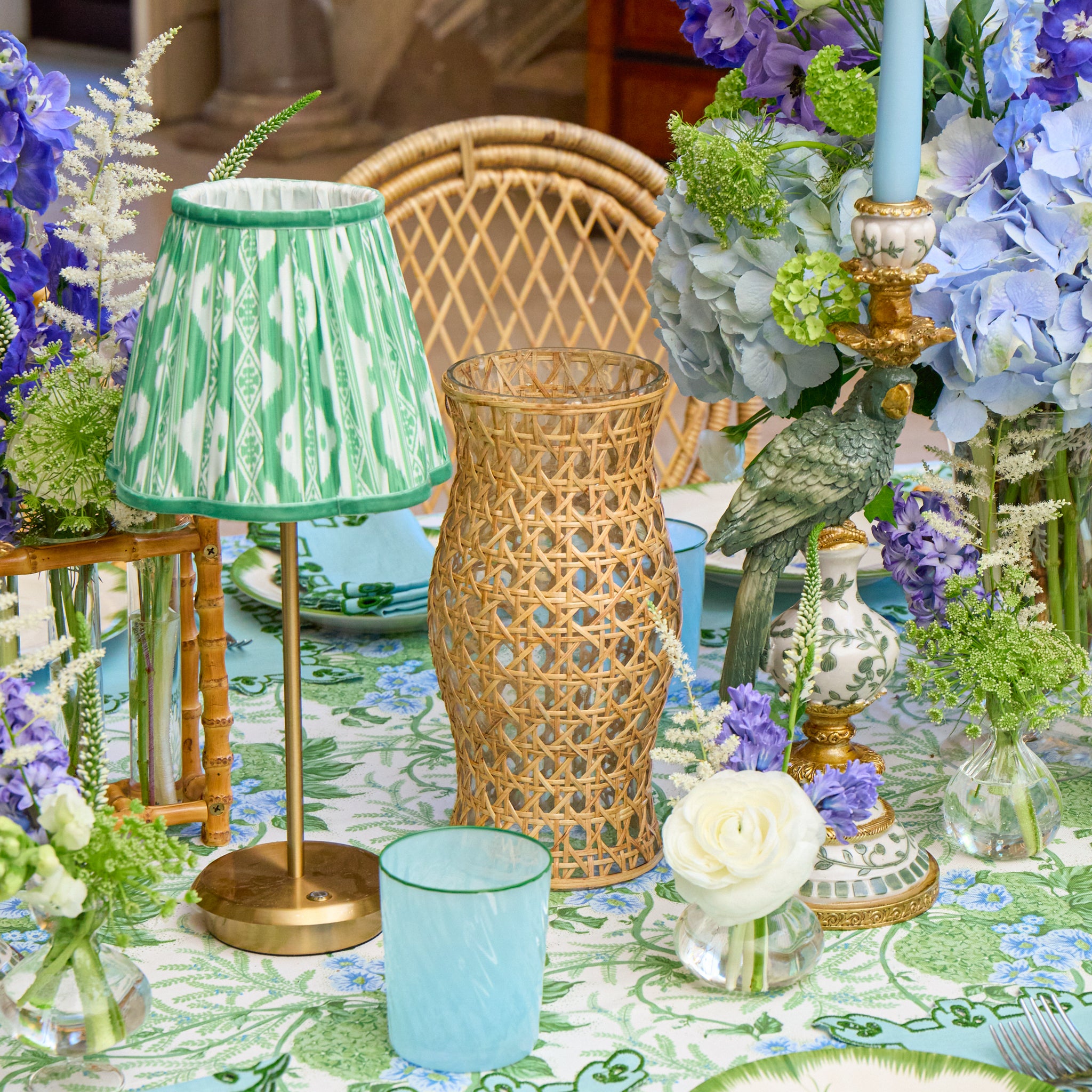 Tall Rechargeable Lamp with Green Ikat Shade (18cm)