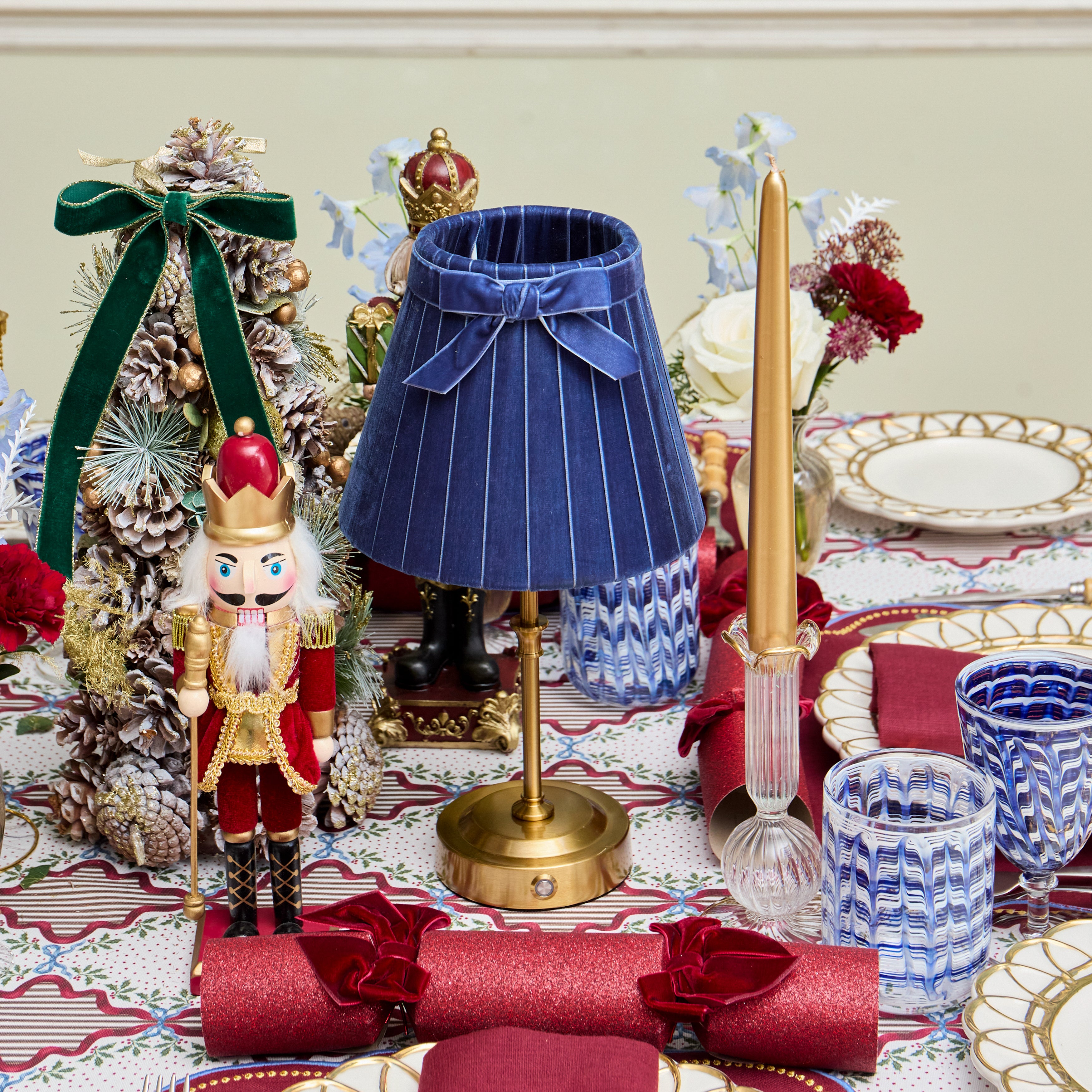 Short Edie Rechargeable Lamp with Dark Blue Velvet Bow Shade (18cm)