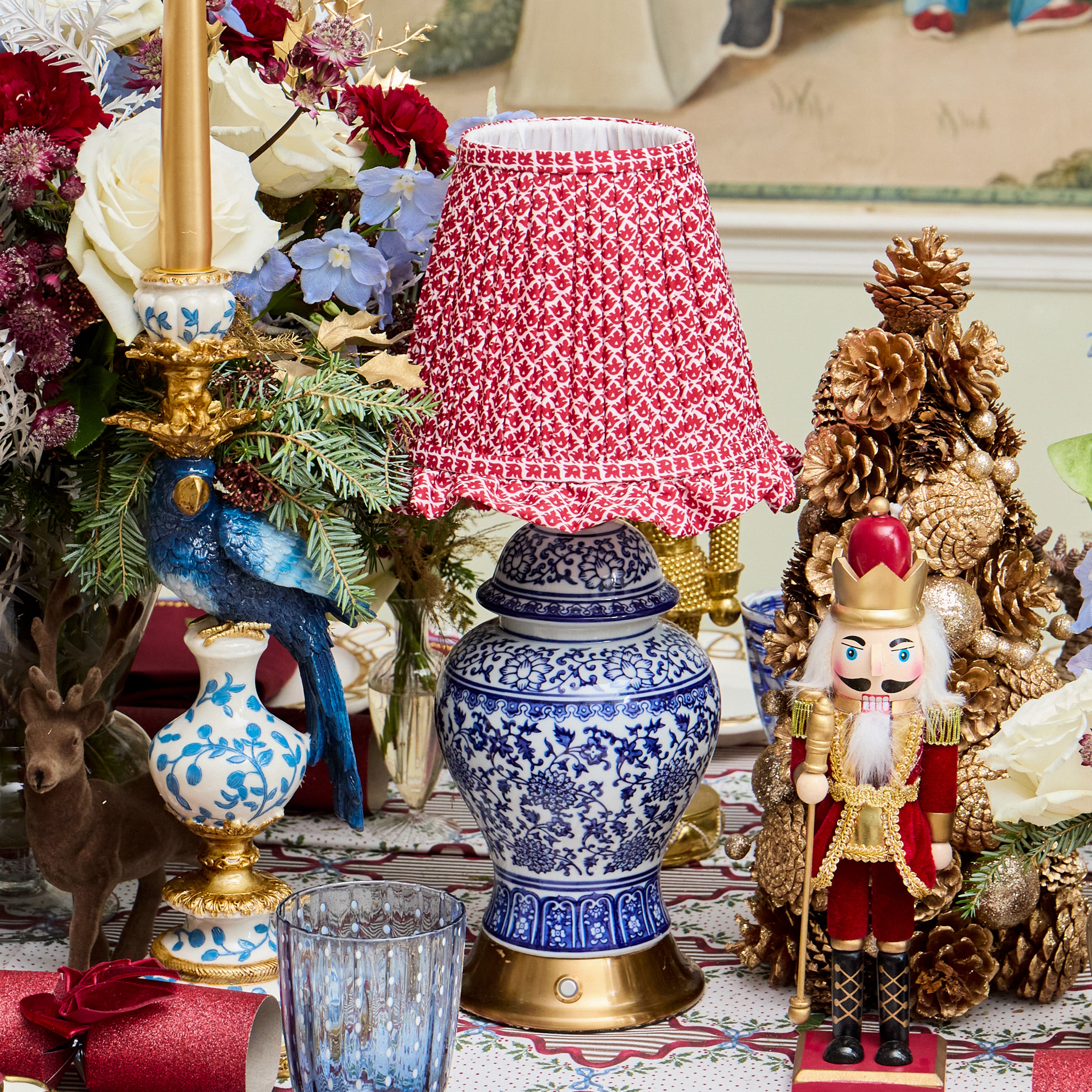Chinoiserie Rechargeable Lamp with Red Lotus Ruffle Shade (18cm)