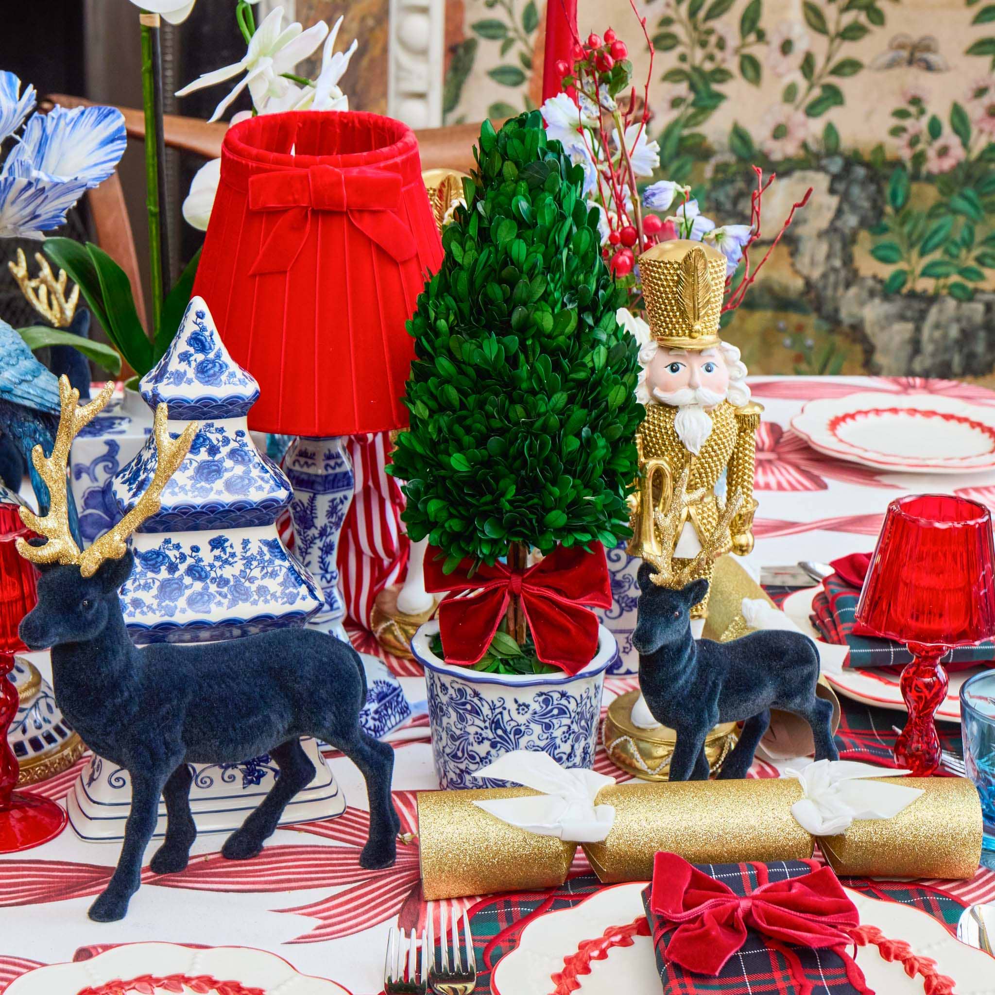 Red Ribboned Chinoiserie Potted Boxwood Trees (Pair)