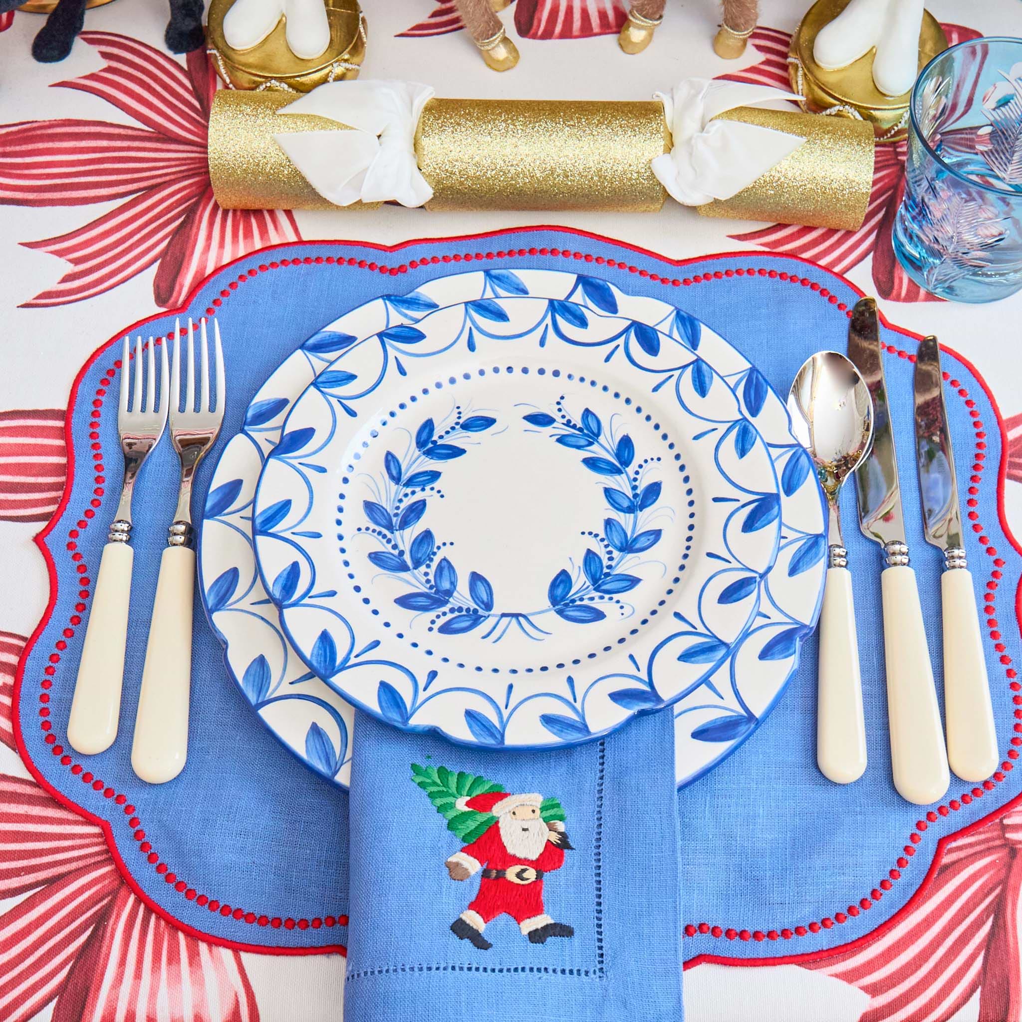 Blue & Red Hand Embroidered Father Christmas Napkins (Set of 4)