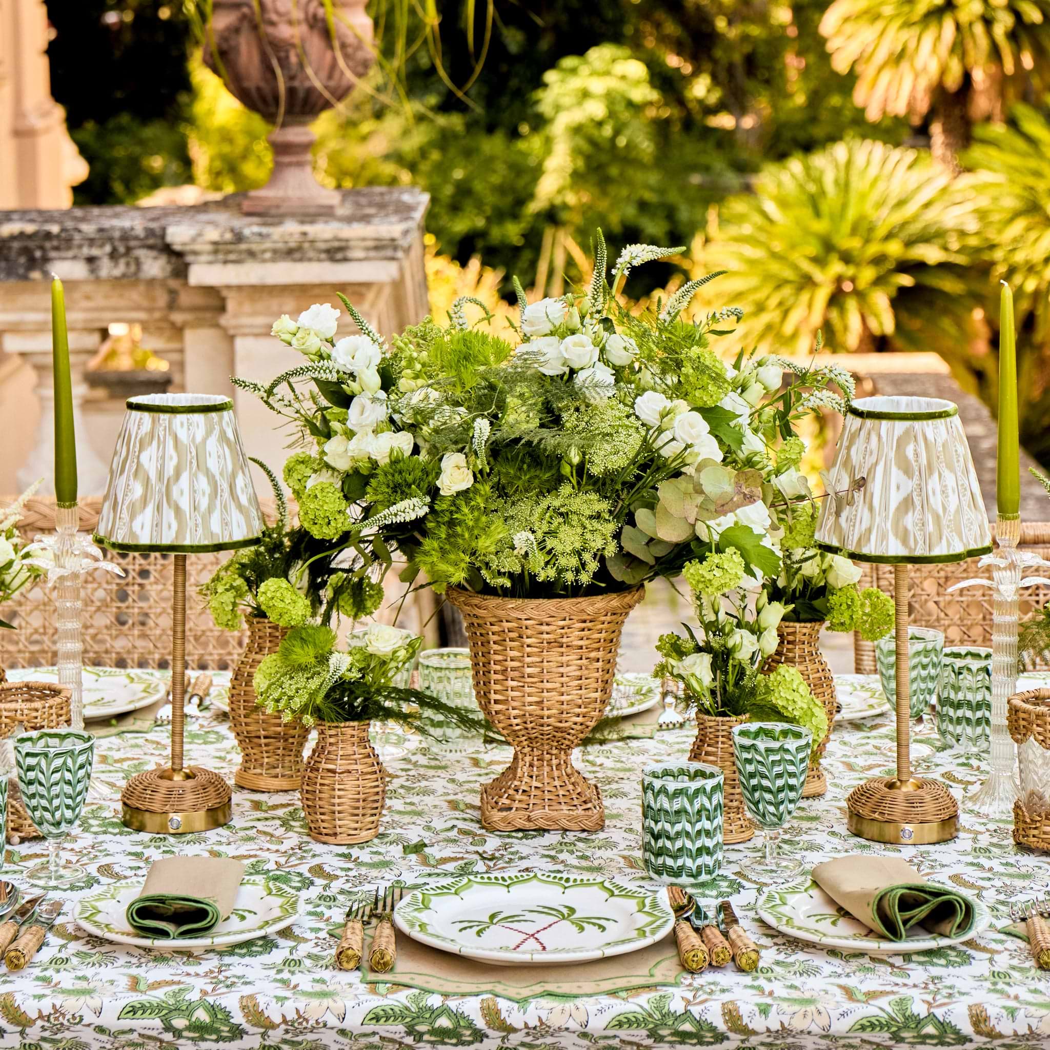 Rattan Ida Rechargeable Lamp with Putty & Green Ikat Shade (18cm)